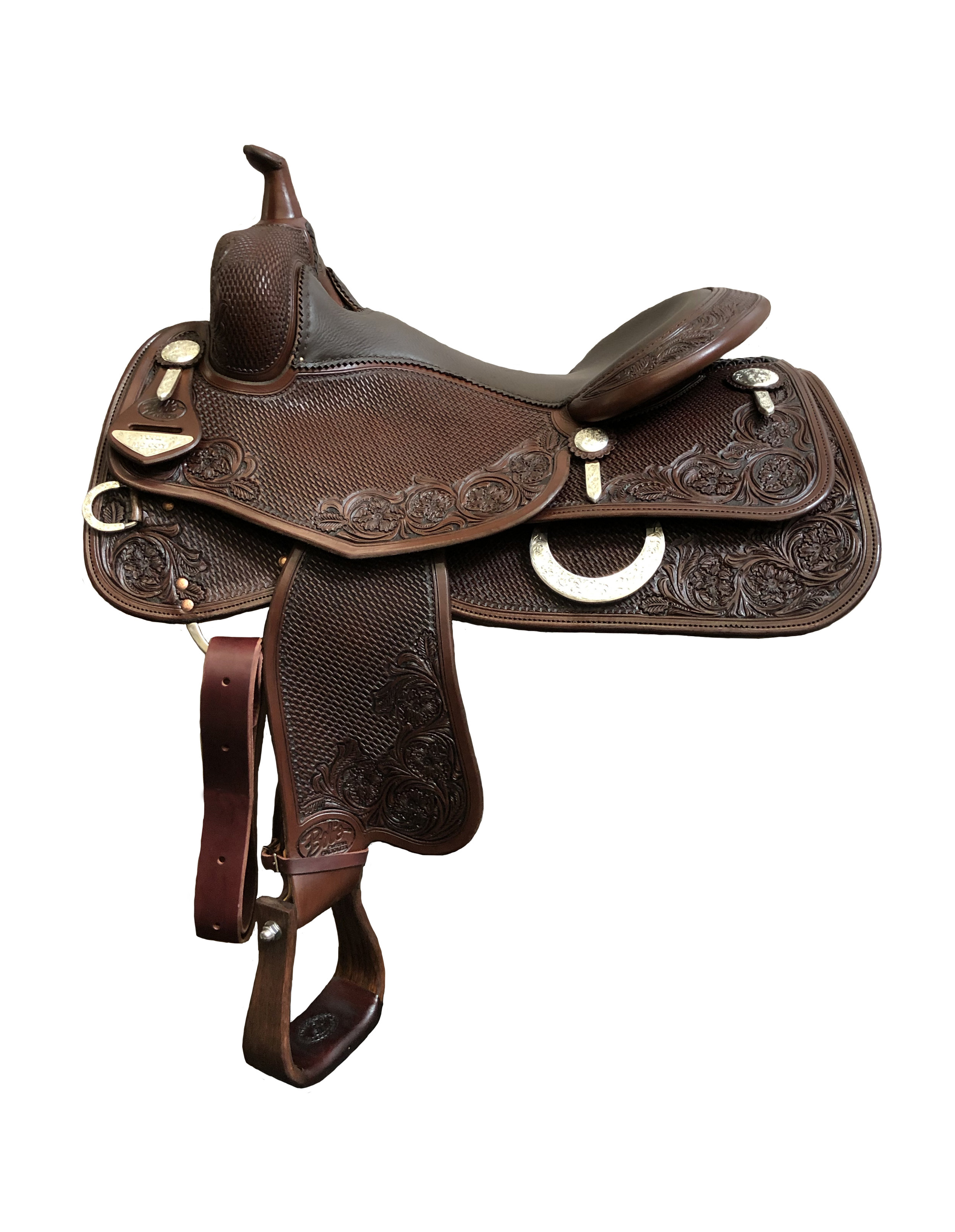 BCS Reiner 338 custom western saddle handcrafted for reining performance, balance, and rider comfort.