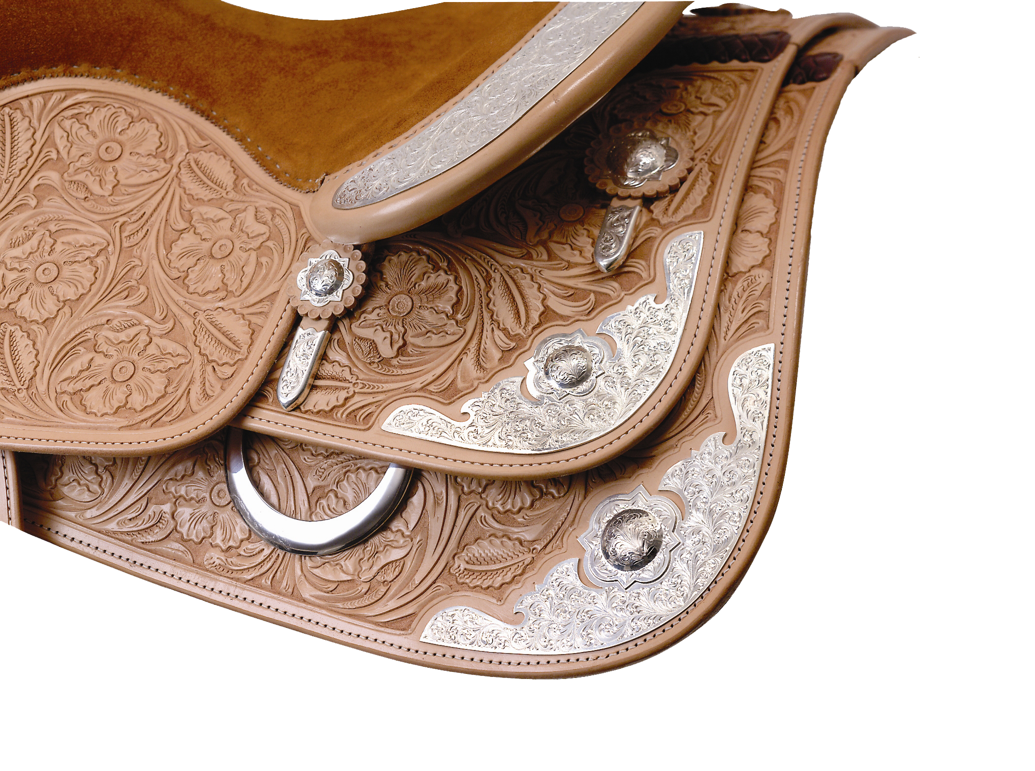 Brownsville decorative rear skirt corner plates for premium western saddles.