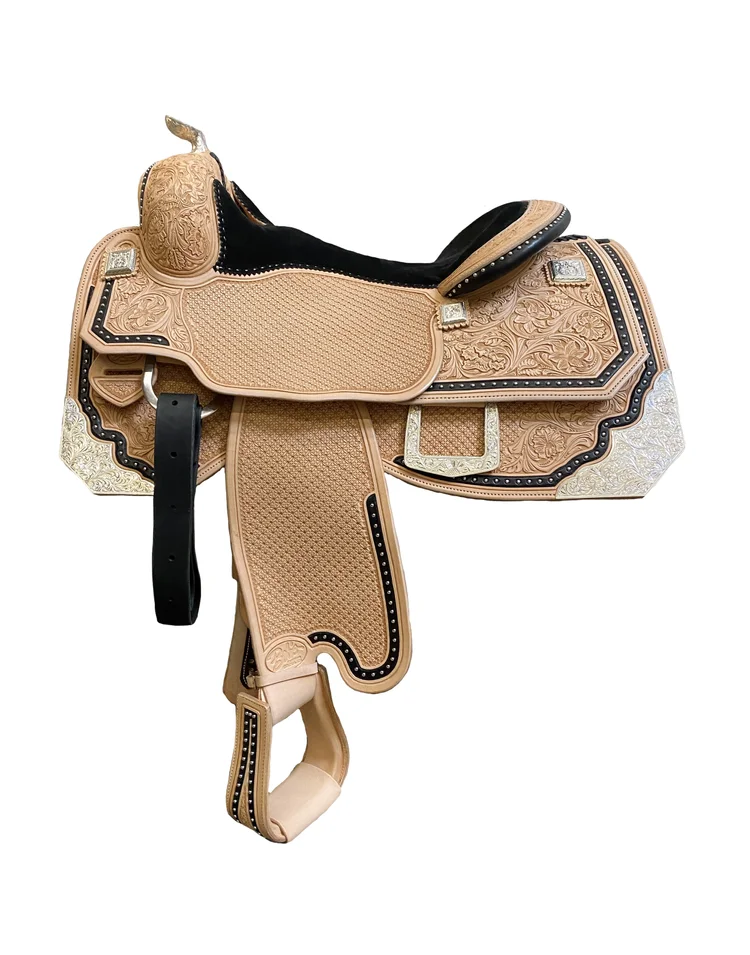 Custom Silver Show Saddle 225 handcrafted with premium leather and silver detailing for western competitions.