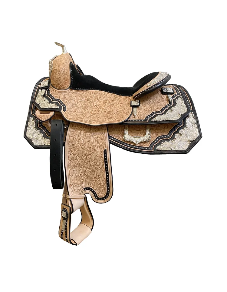Custom Silver Show Saddle 438 with handcrafted leather, custom silver accents, and a classic western design.