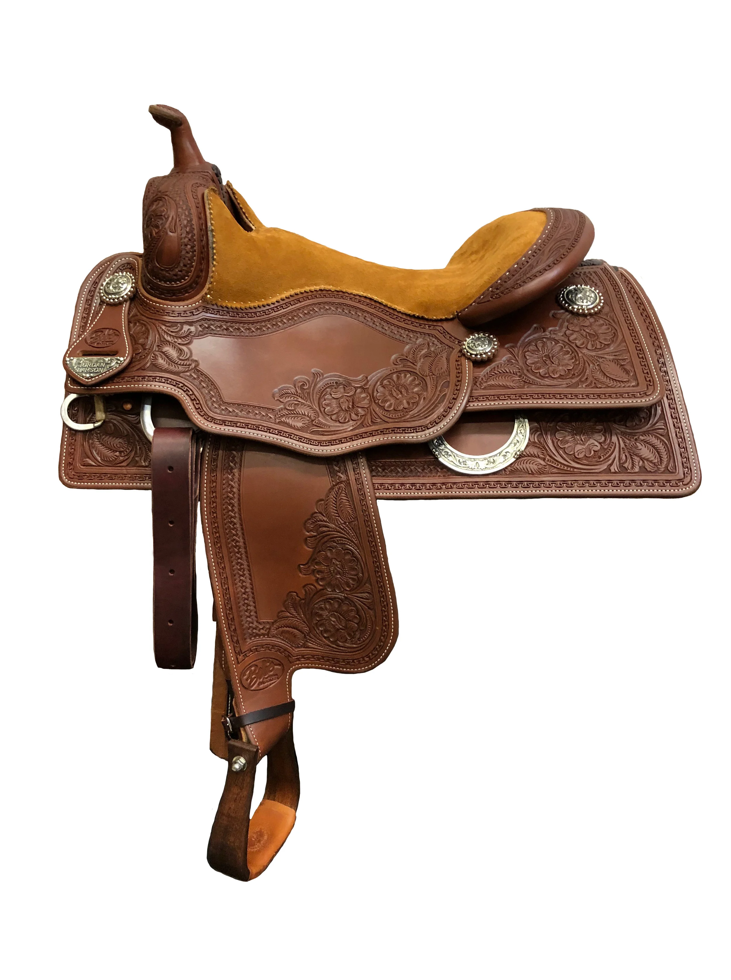 Jordan Larson Reiner 645 custom western saddle handcrafted for competitive reining and durability.