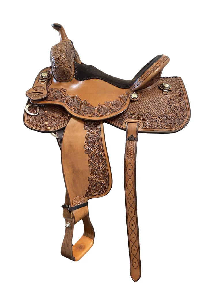 Mounted Shooter 498 custom western saddle handcrafted for mounted shooting, balance, and rider comfort.