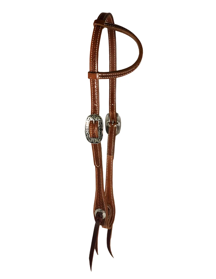 The JW basket one ear western headstall featuring premium leather with traditional basket stamping.