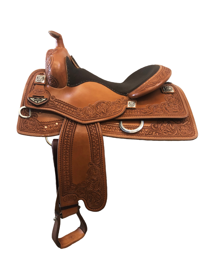 Tim McQuay custom reining saddle built with premium leather for superior performance and comfort.