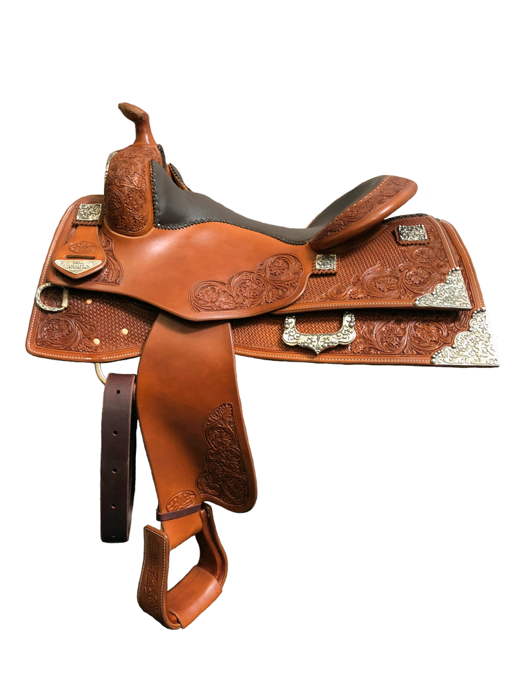 Tim McQuay custom reining saddle handcrafted for competitive reining, balance, and rider comfort.