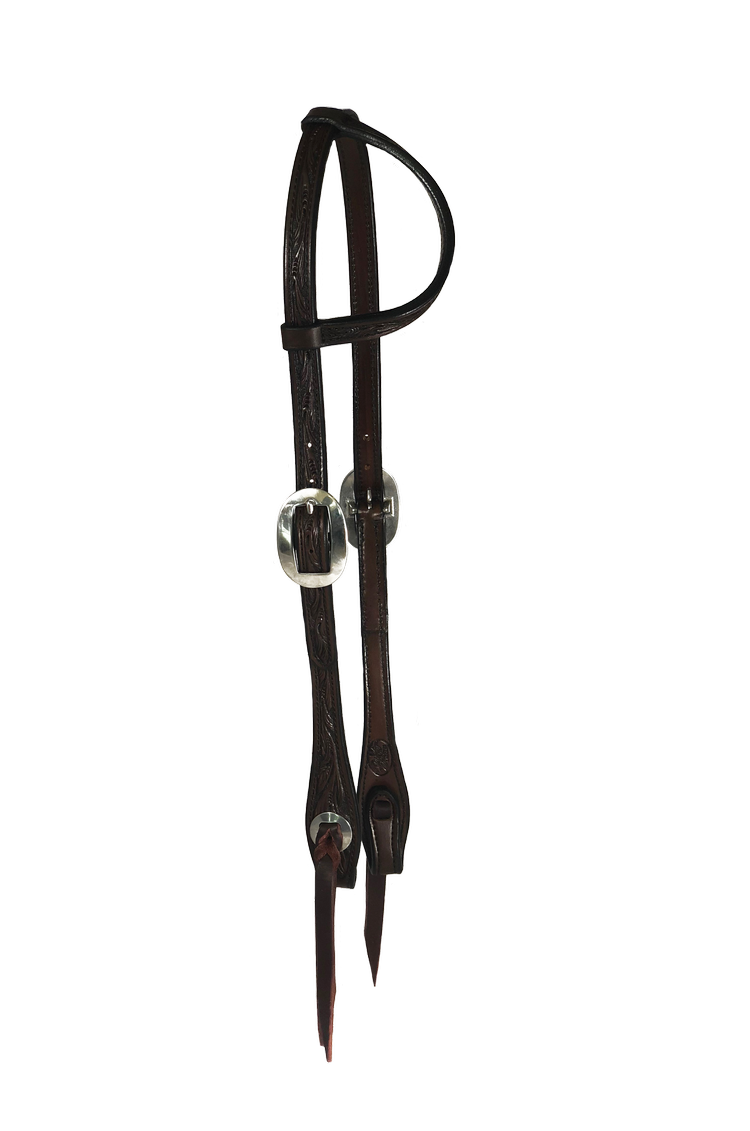 Antique floral one ear western headstall handcrafted with premium leather and detailed floral tooling.