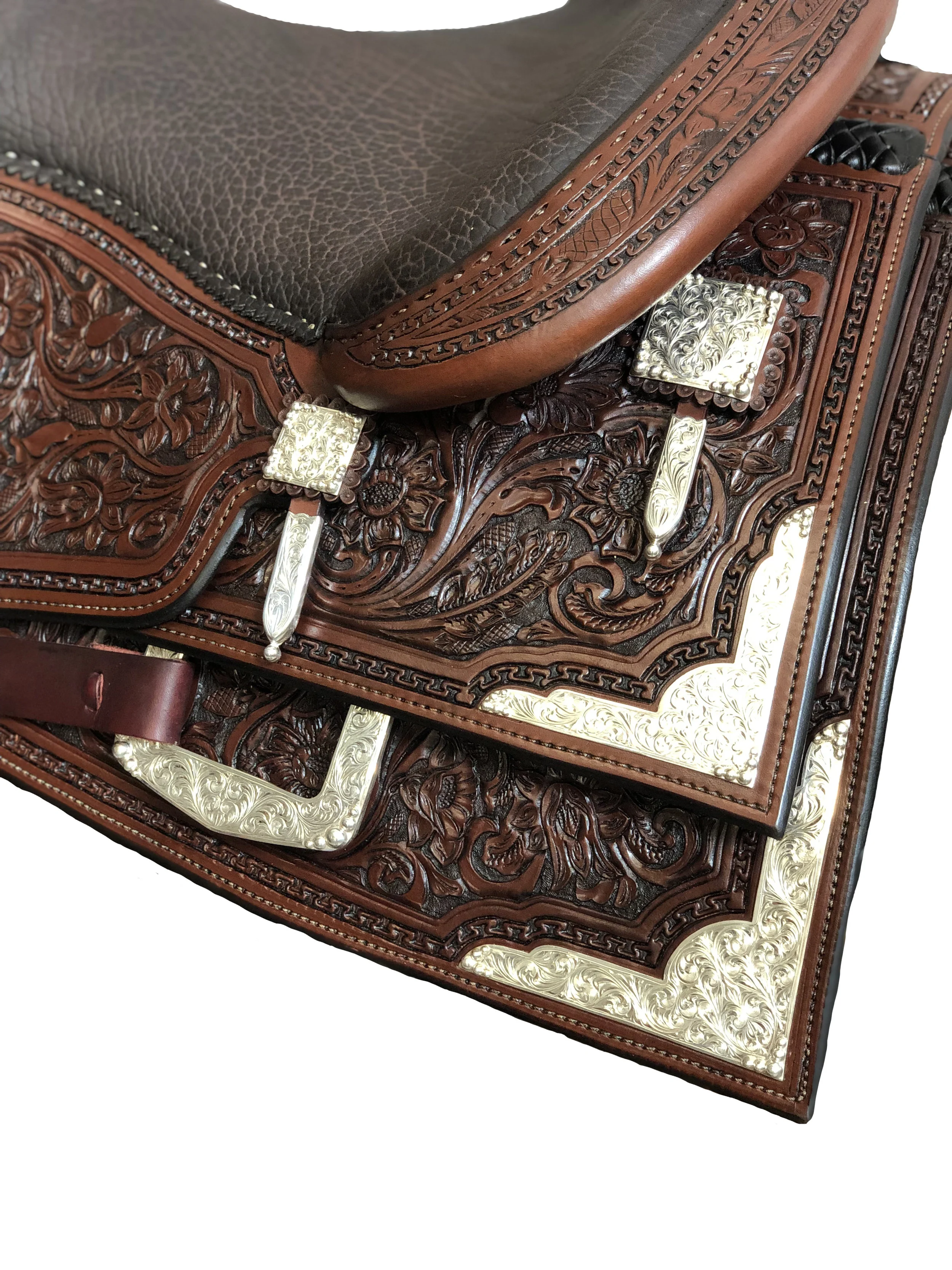 Arizona flat scalloped square corner plates with teardrops for premium western saddles.