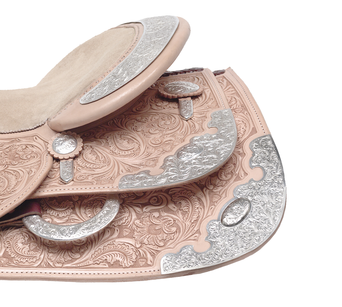 Arizona oval edge-set rear skirt plates crafted for premium western saddles.