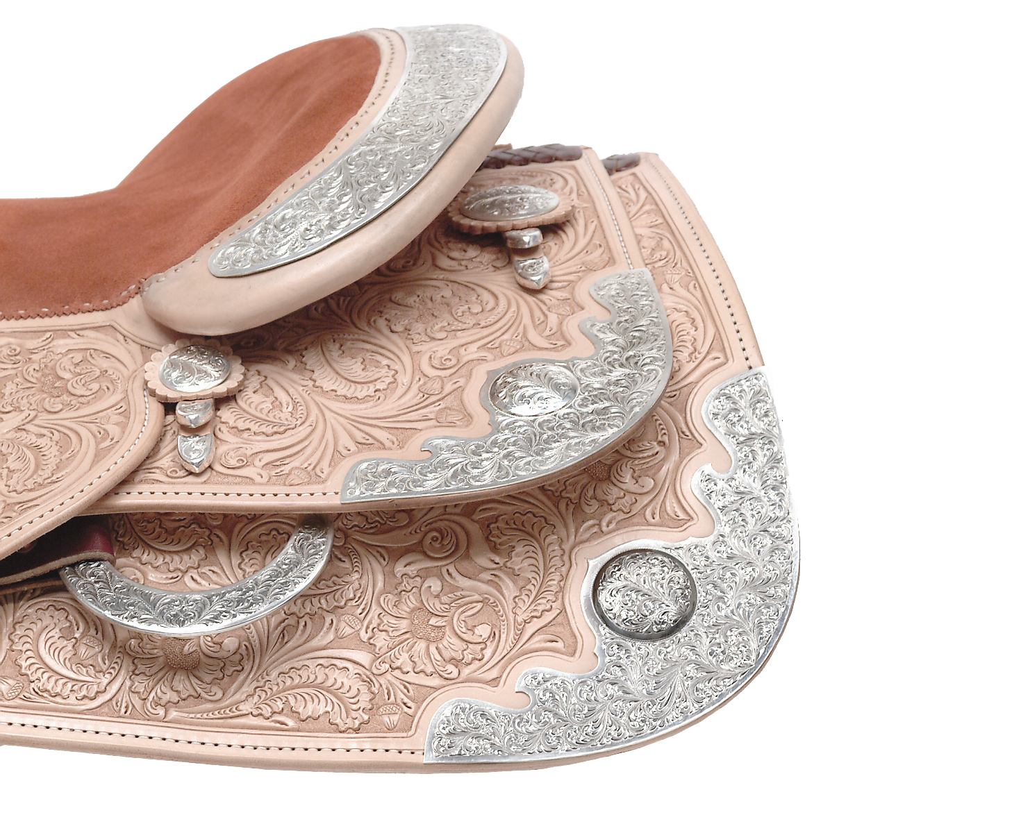Arizona rear skirt corner plates and housing for premium custom western saddles.