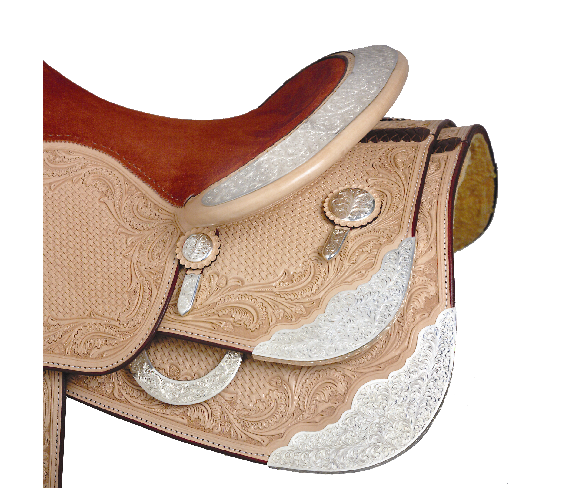 Arizona rear skirt corner plates and housing crafted for premium western saddles.