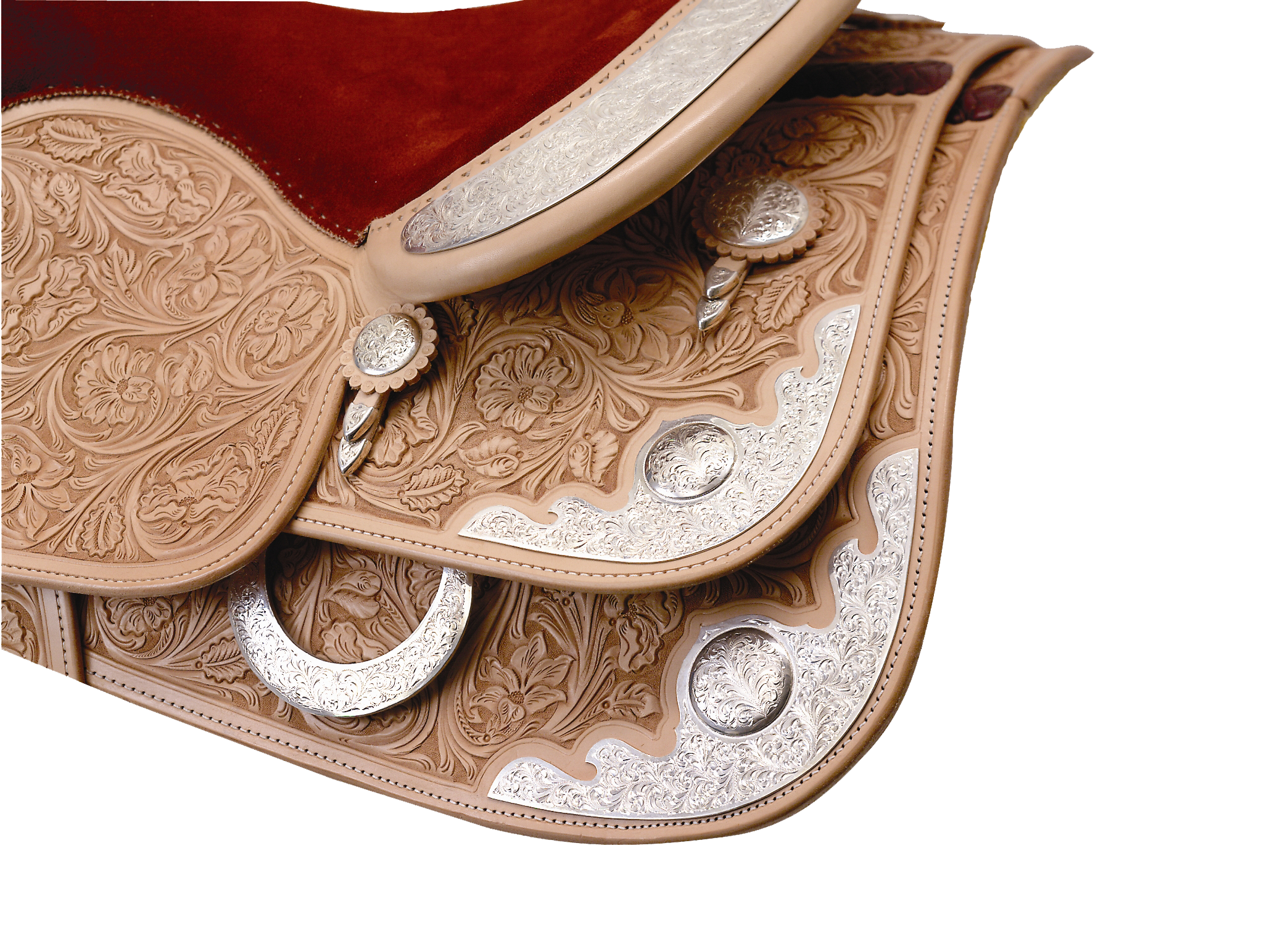 Arizona scroll rear skirt corner and housing plates for custom western saddles.