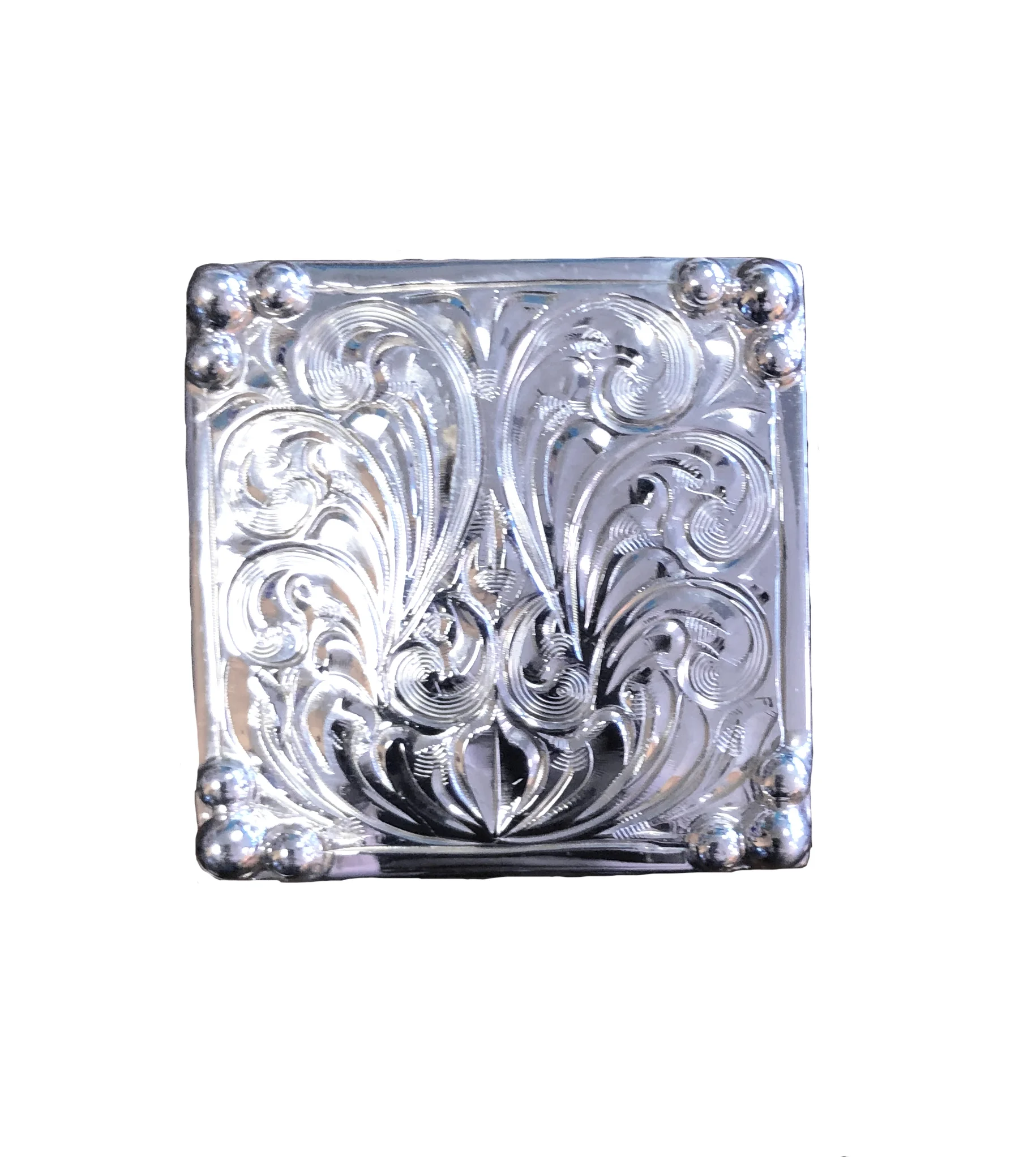 Arizona square saddle concho with engraved details for premium western saddle designs.