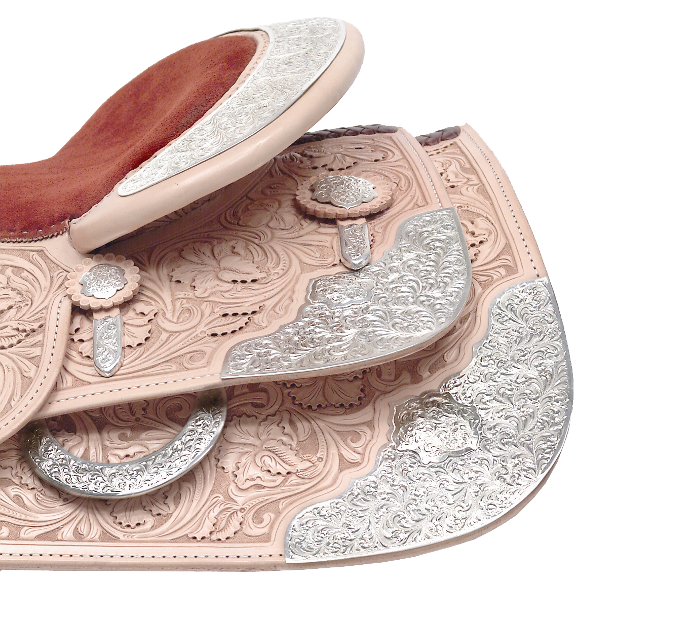 Brazos rear skirt corner and housing plates crafted for custom western saddles.