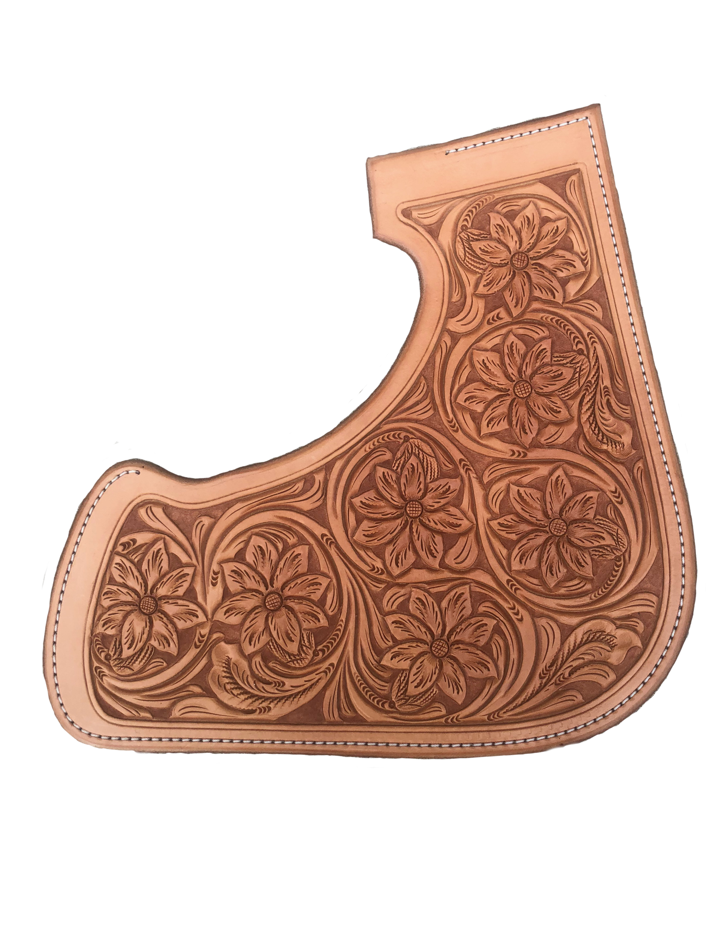 Traditional California leather tooling style for custom western saddles.