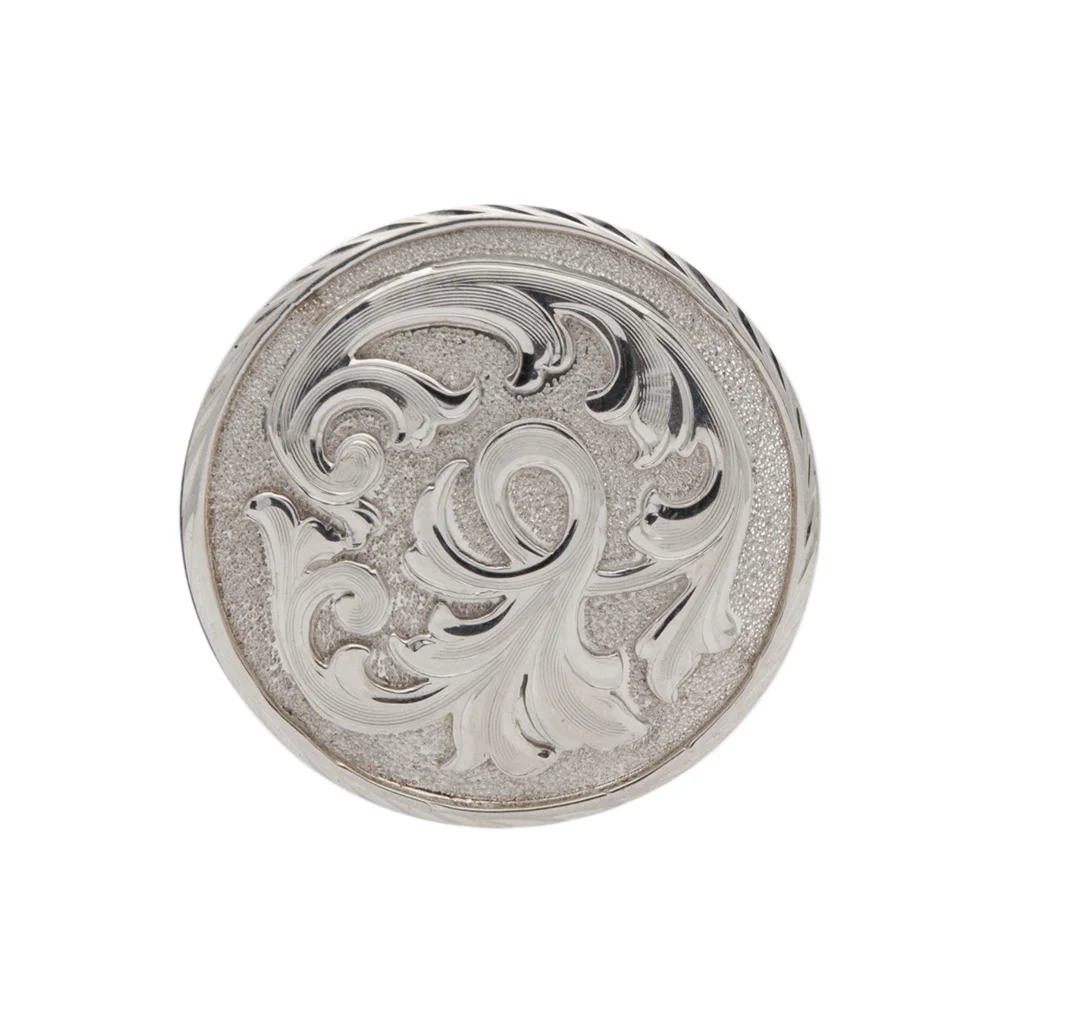 Carson City silver concho featuring traditional silver craftsmanship for western saddles and tack.