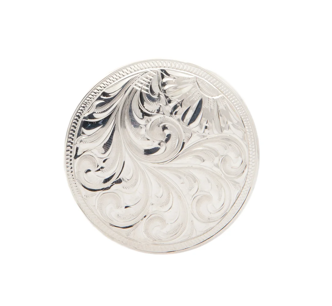 Cripple Creek silver concho crafted for custom western leatherwork, saddles, and tack.