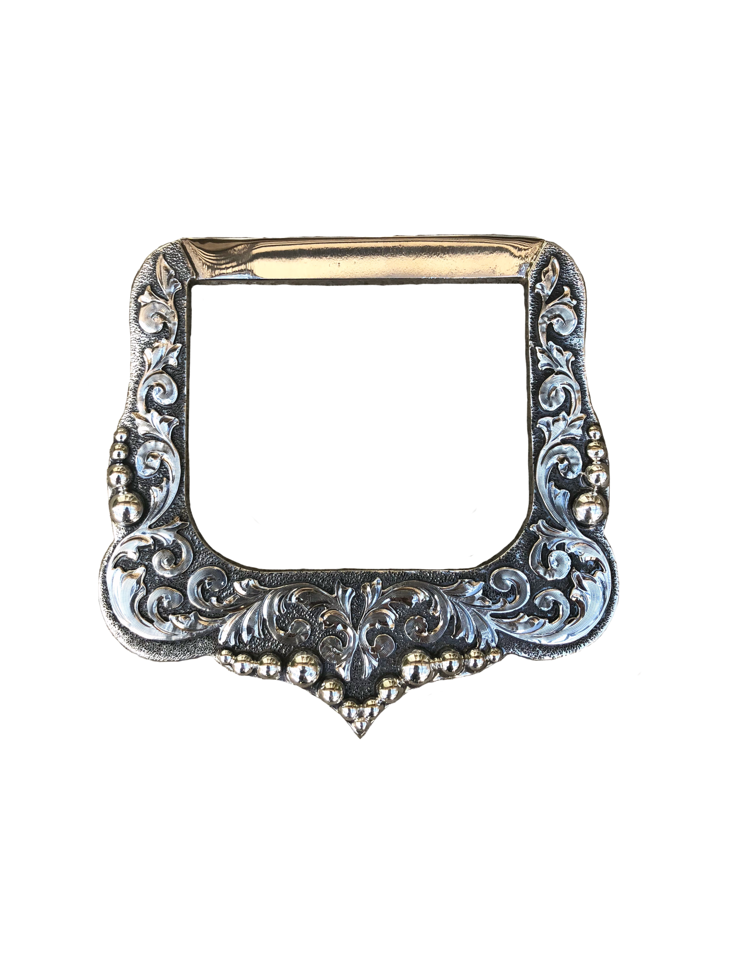 Decorative rear Dee with silver scroll and teardrop design for western saddles.