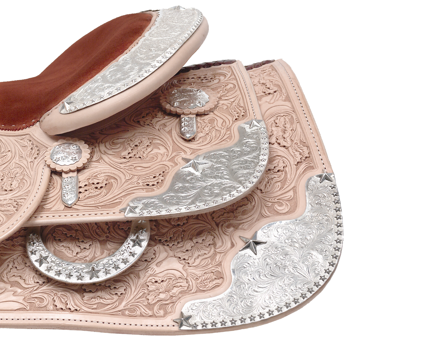 Desert Star rear skirt corner and housing plates for premium western saddle designs.