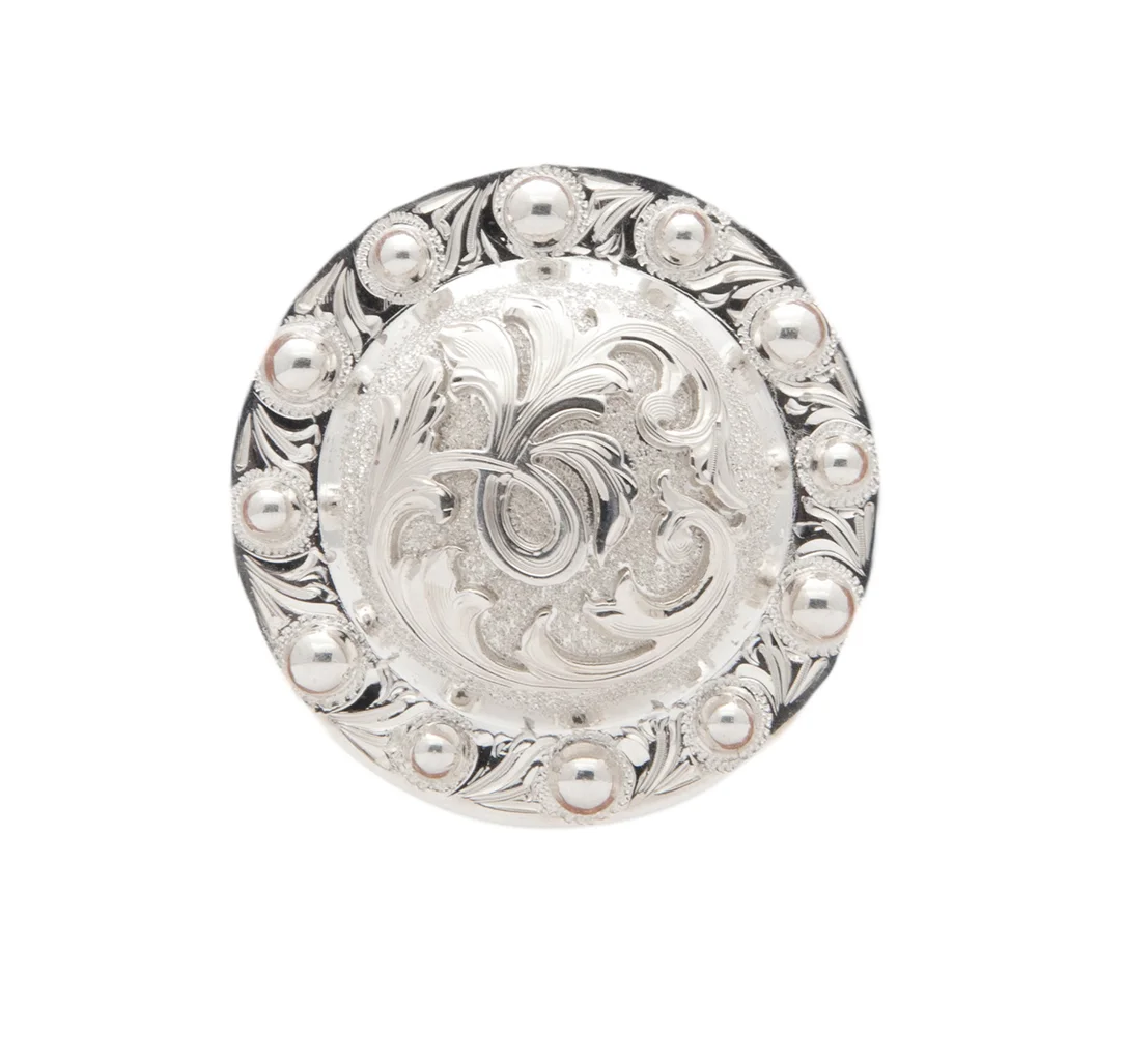 Elko silver concho designed for custom western tack, saddles, and leather accessories.