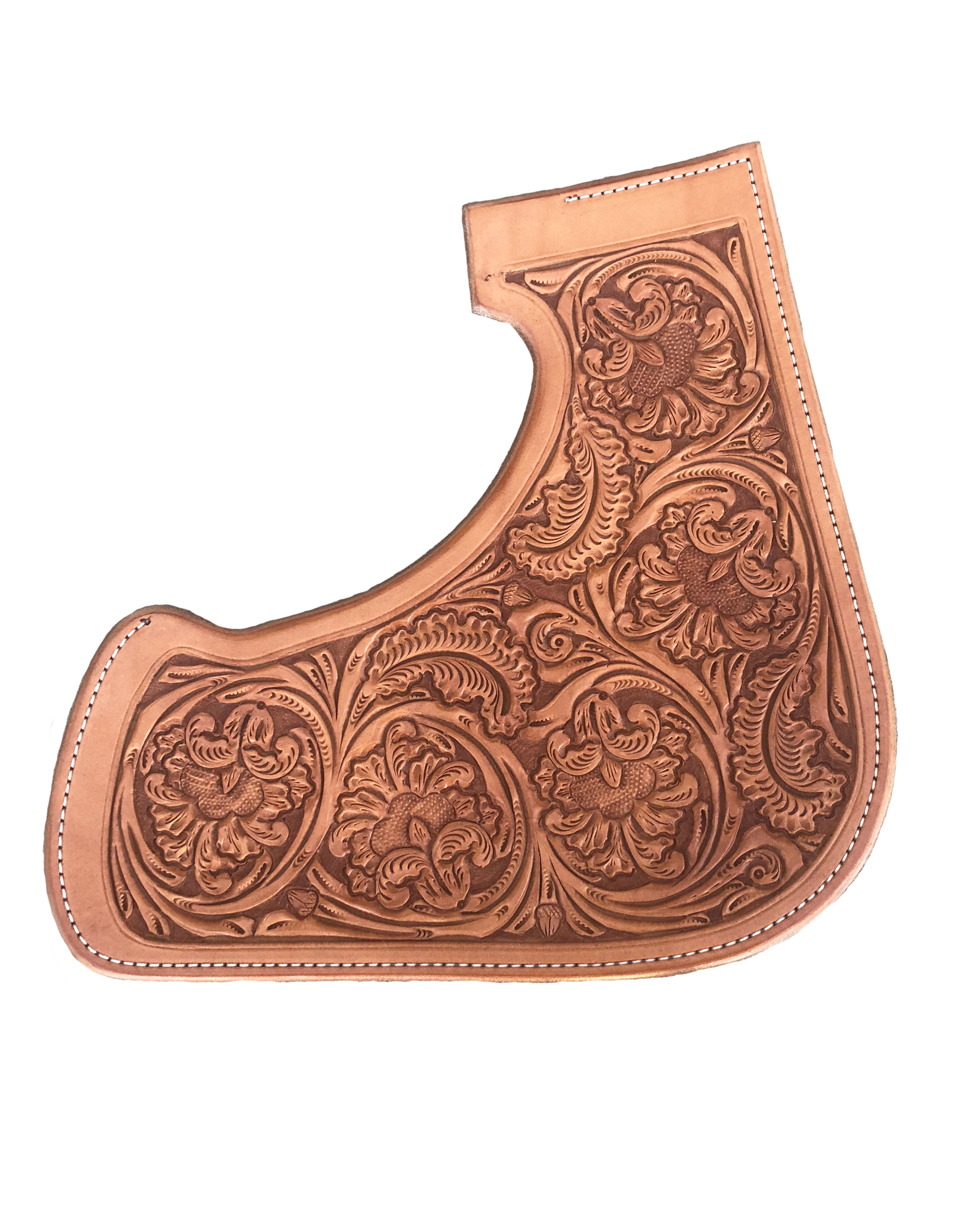 Traditional Entz floral tooling for custom western saddle leatherwork.