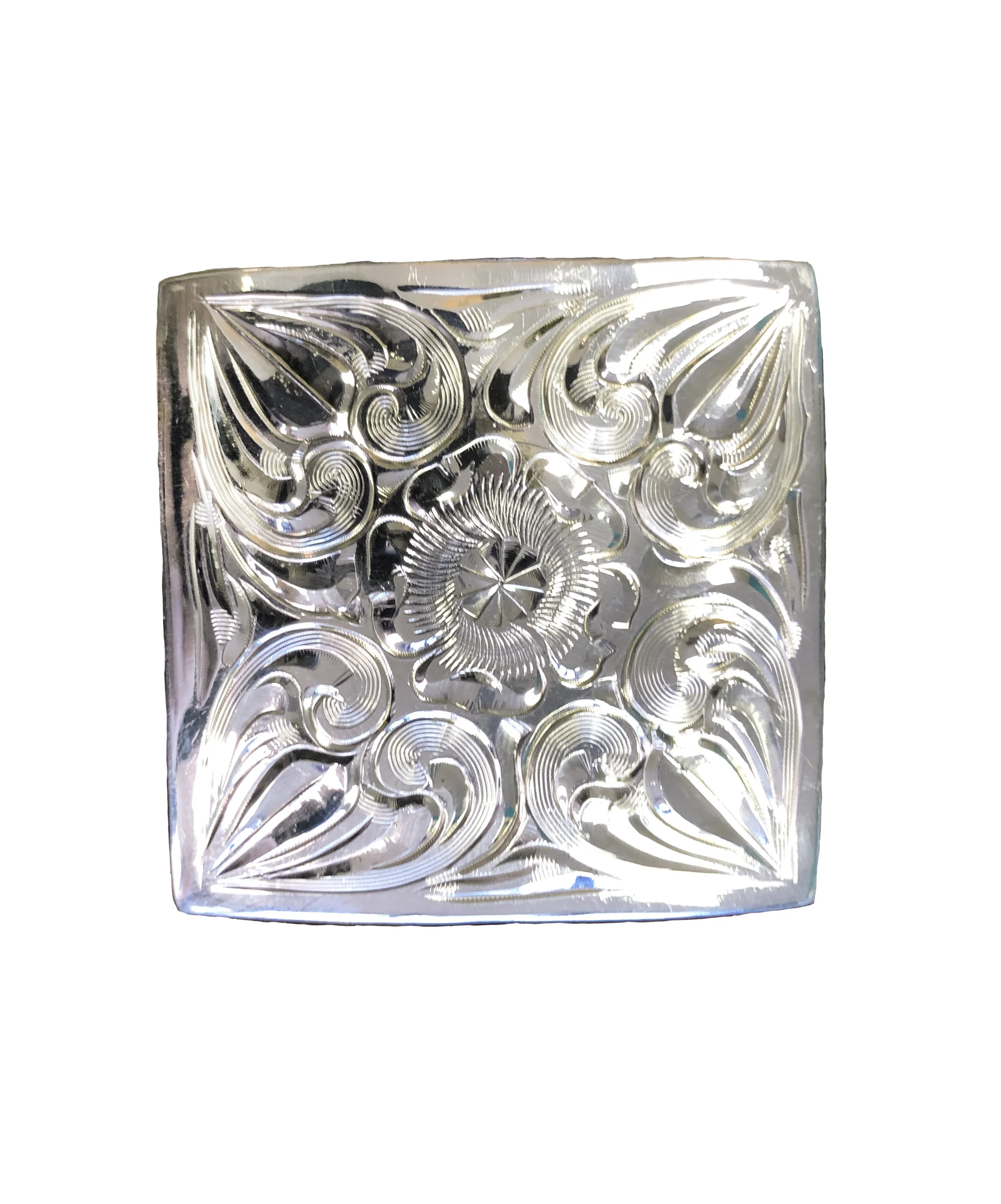 FL Square Arizona concho with floral engraving for custom western saddles and leather gear.