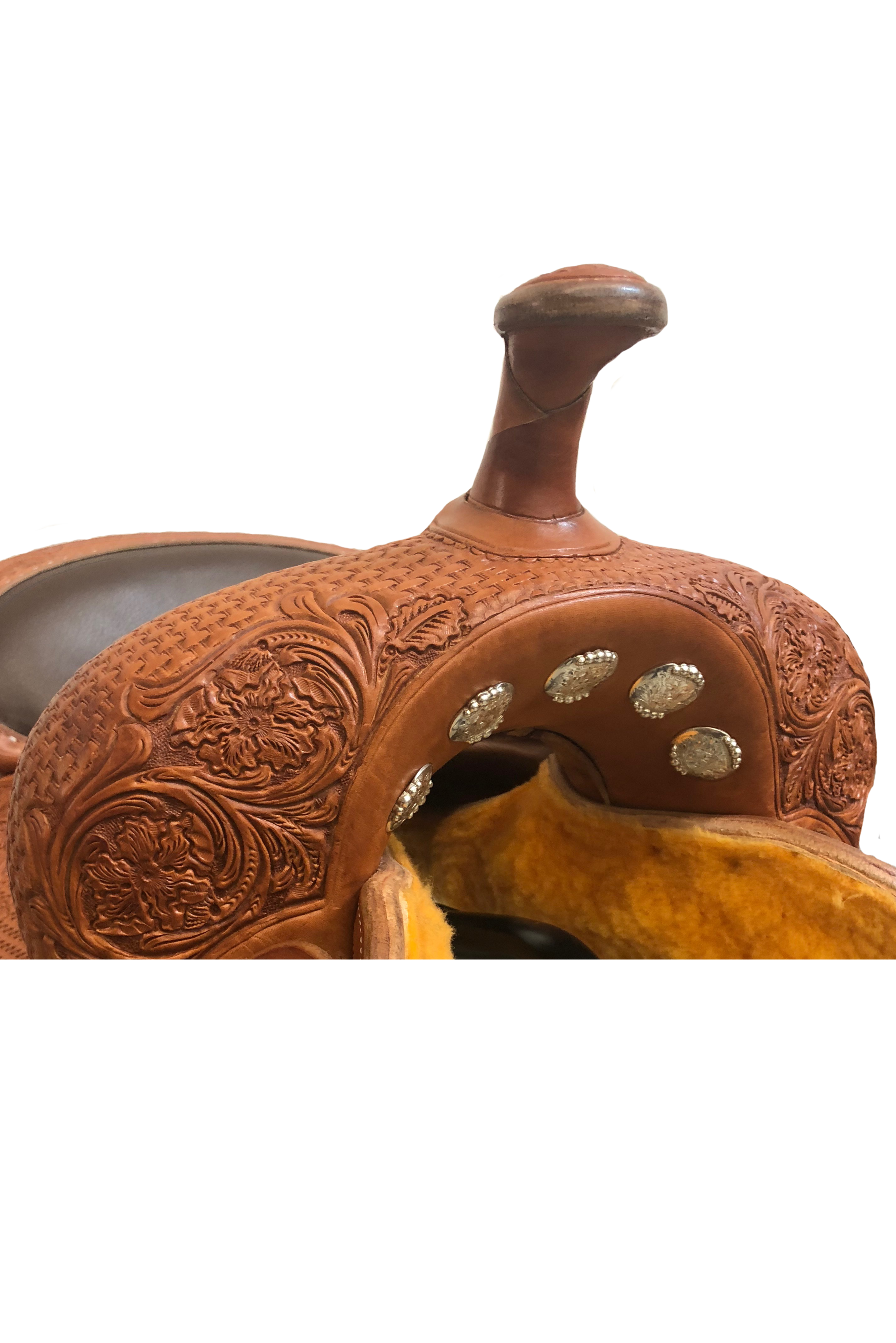 Western saddle gullet conchos crafted for custom saddles, tack, and horse gear.