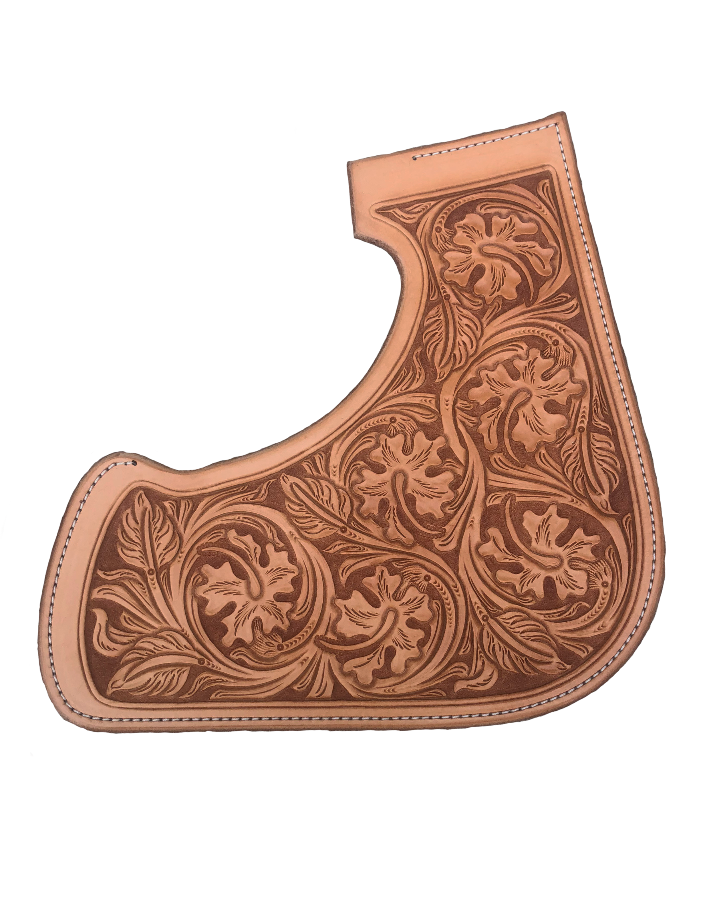 Hibiscus floral leather tooling crafted for premium western saddles.