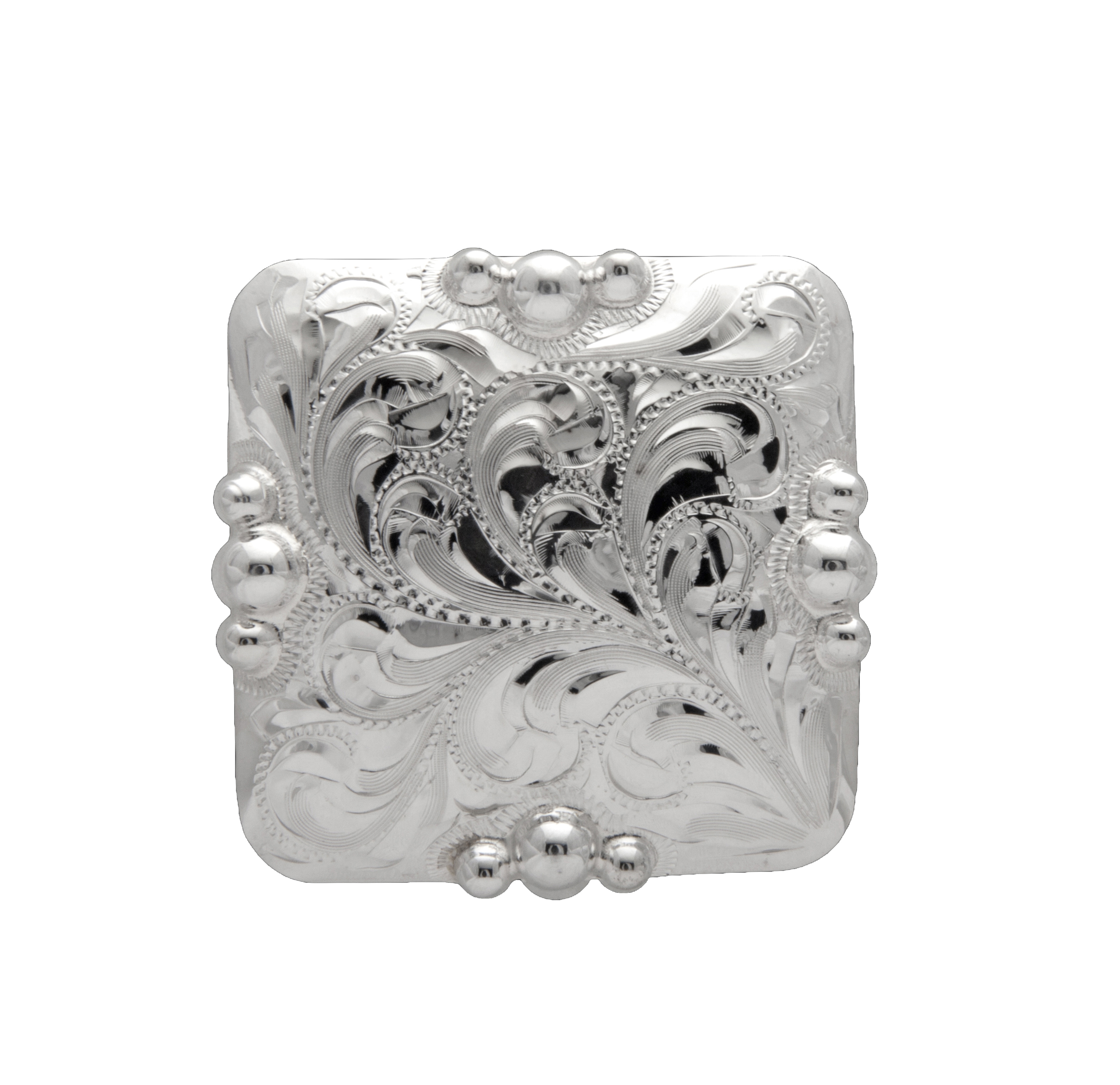 Jamul square silver concho designed for premium western saddles and custom leather gear.