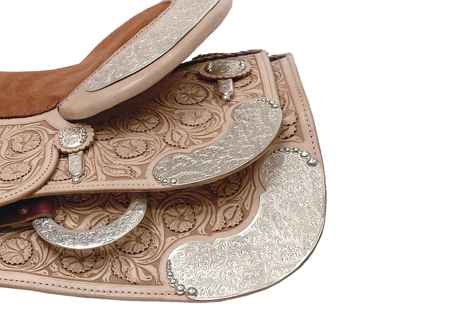 Mesa rear skirt corners and housing plates designed for custom western saddles.