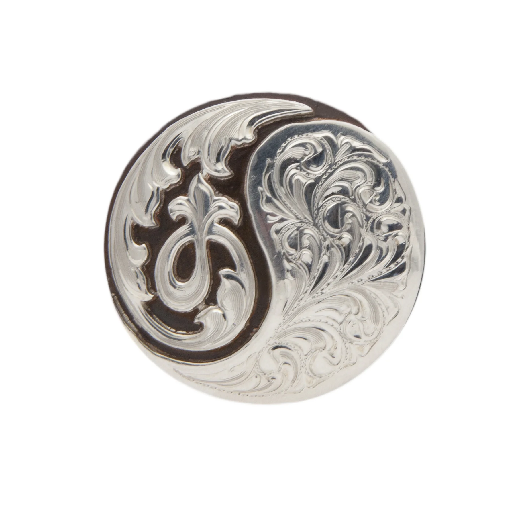 Mesa rust iron and silver concho designed for custom western saddles, tack, and leatherwork.