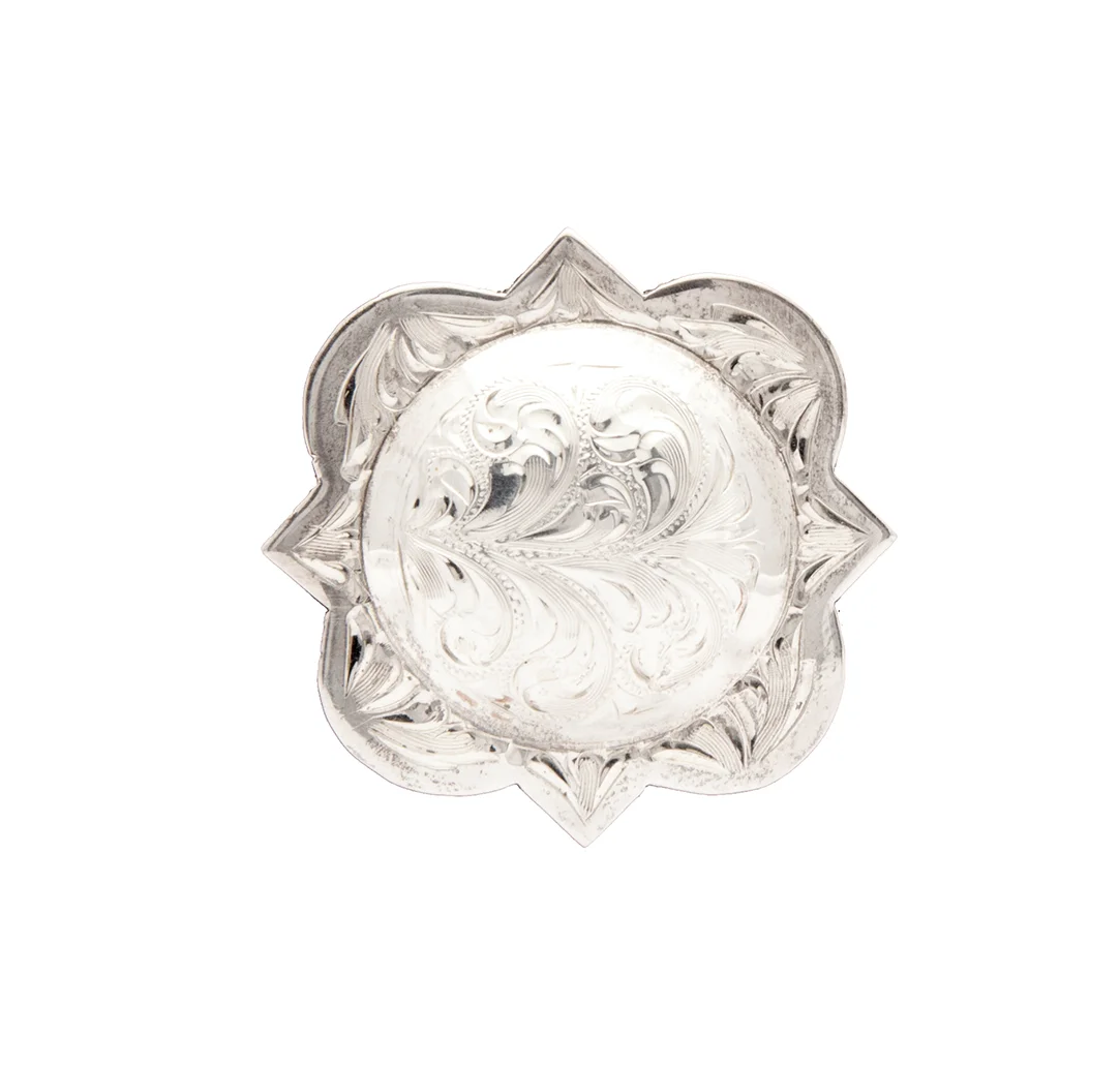 Mission silver concho crafted for western saddles and custom leather accessories.