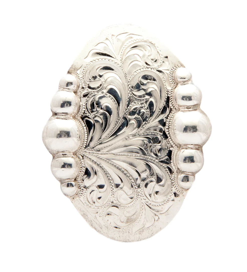 Ojai silver concho designed for custom western saddles, tack, and leather accessories.