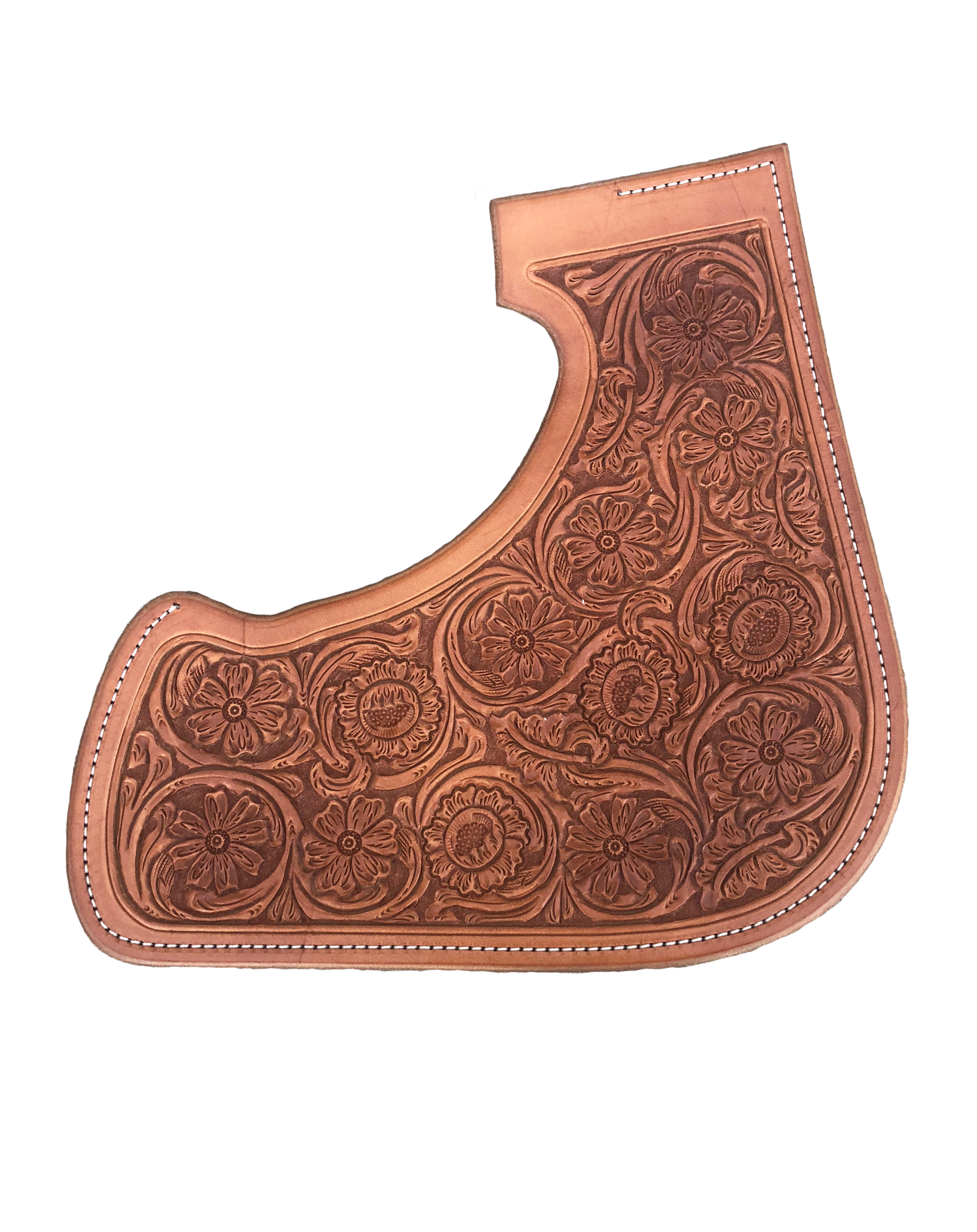 Decorative Patagonia leather tooling for western saddles and tack.