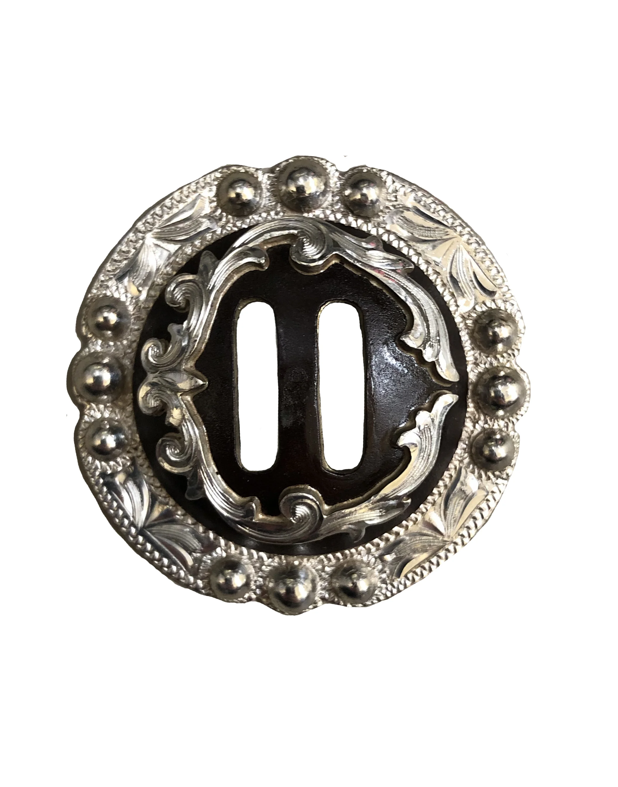 Pinnacle Peak round concho available slotted or non-slotted for western saddles and tack.