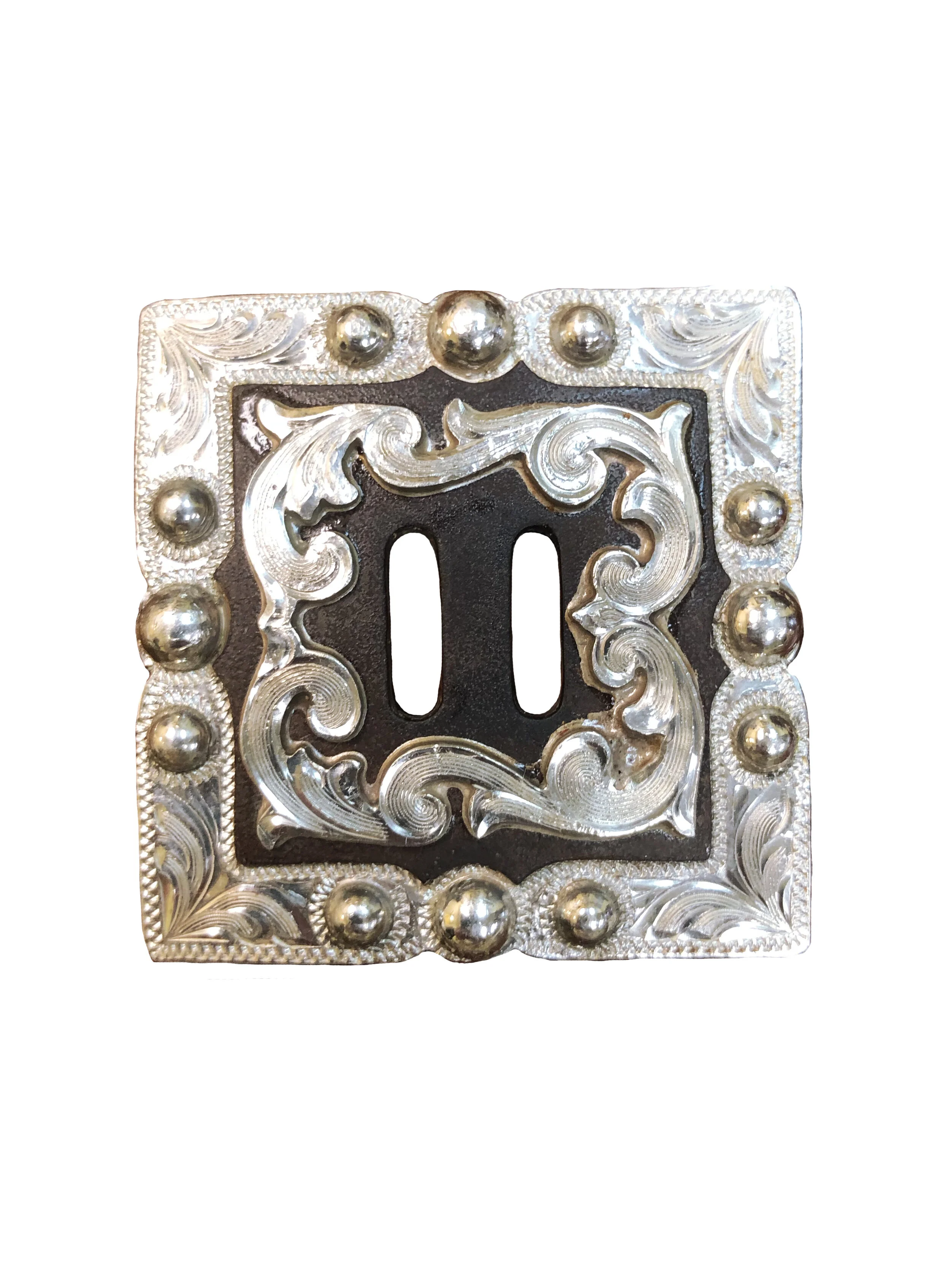 Pinnacle Peak square concho crafted with rust iron and silver overlay for western tack.