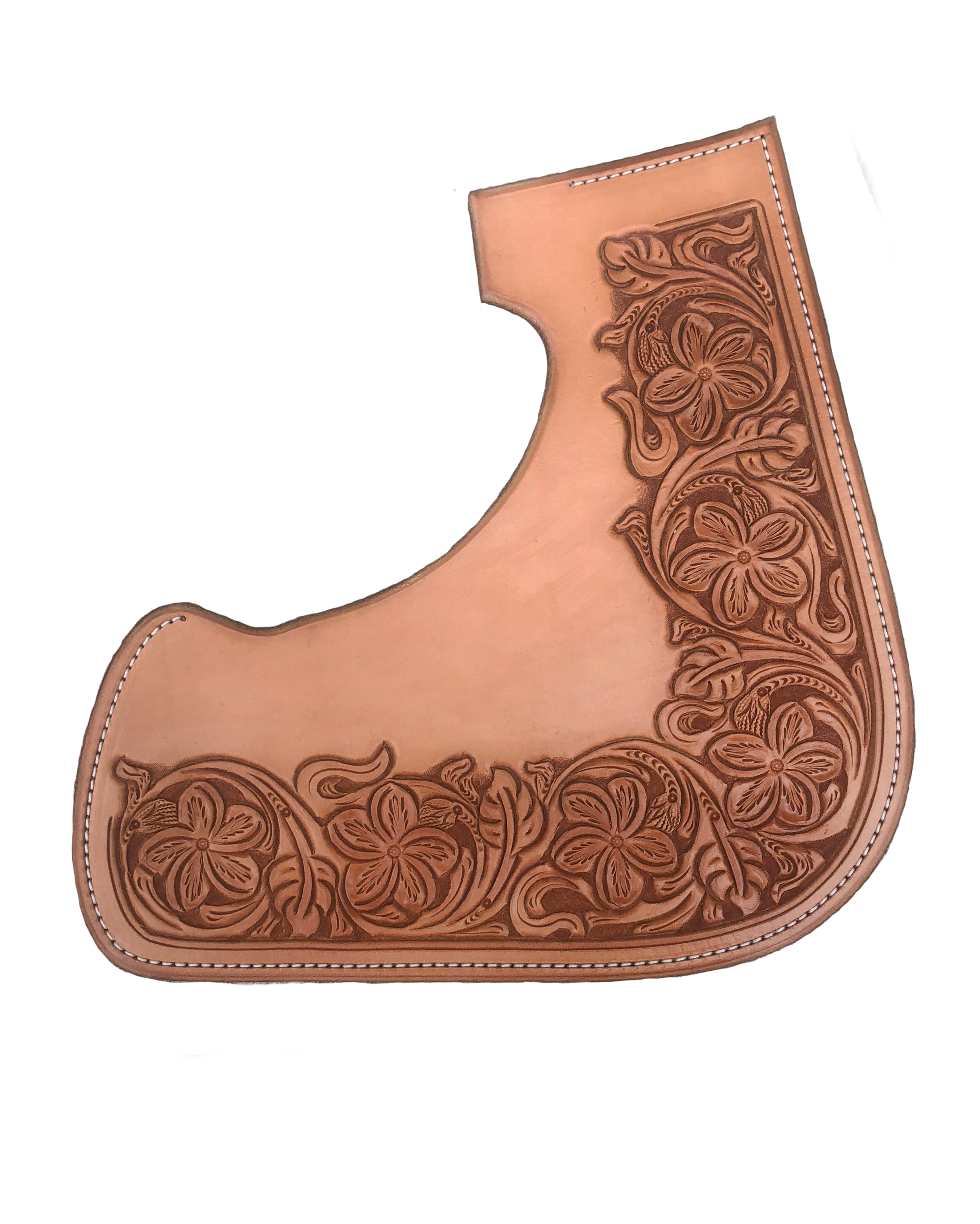 Plumeria floral border tooling for premium western saddle leatherwork.