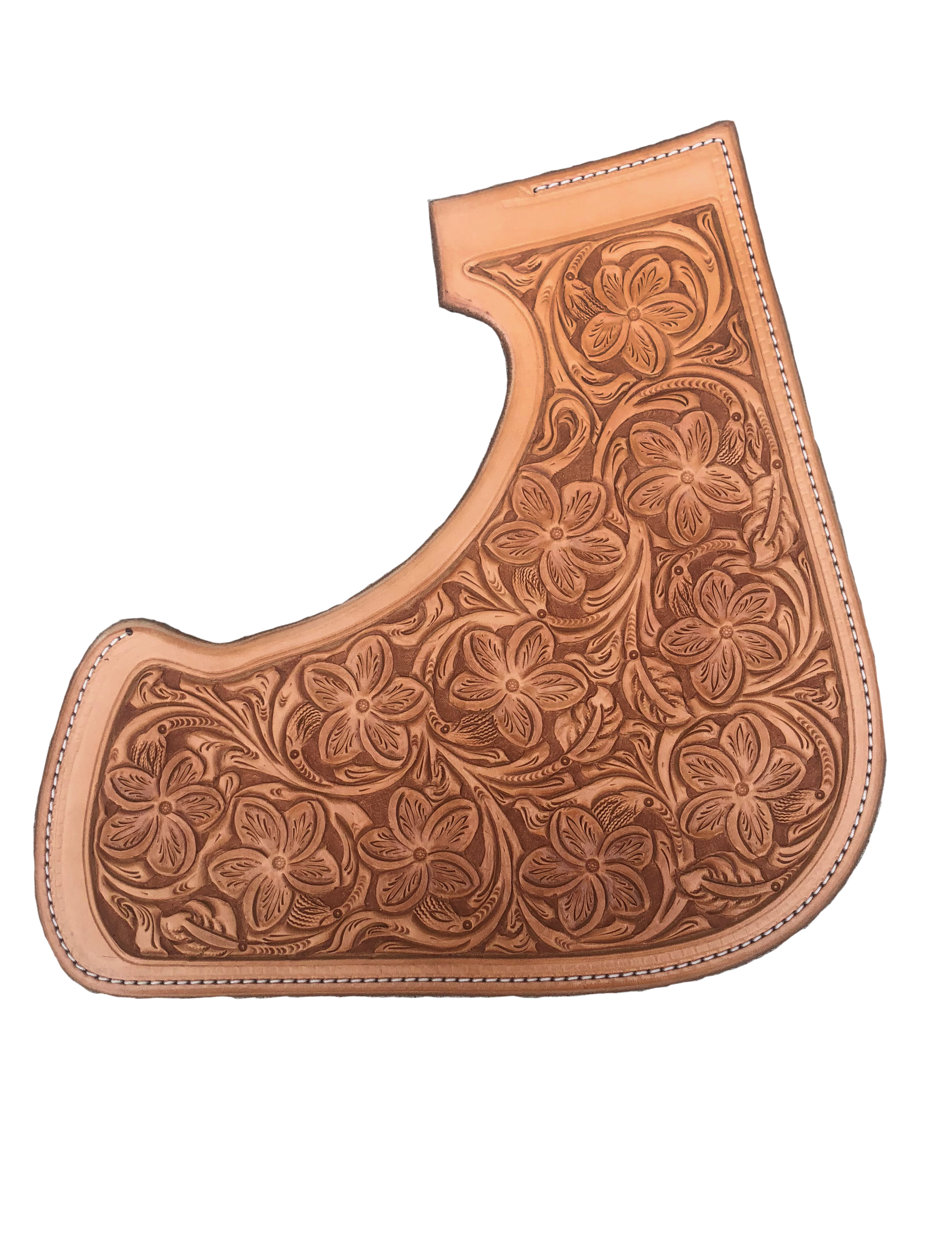 Custom Plumeria leather tooling for handcrafted western saddles.