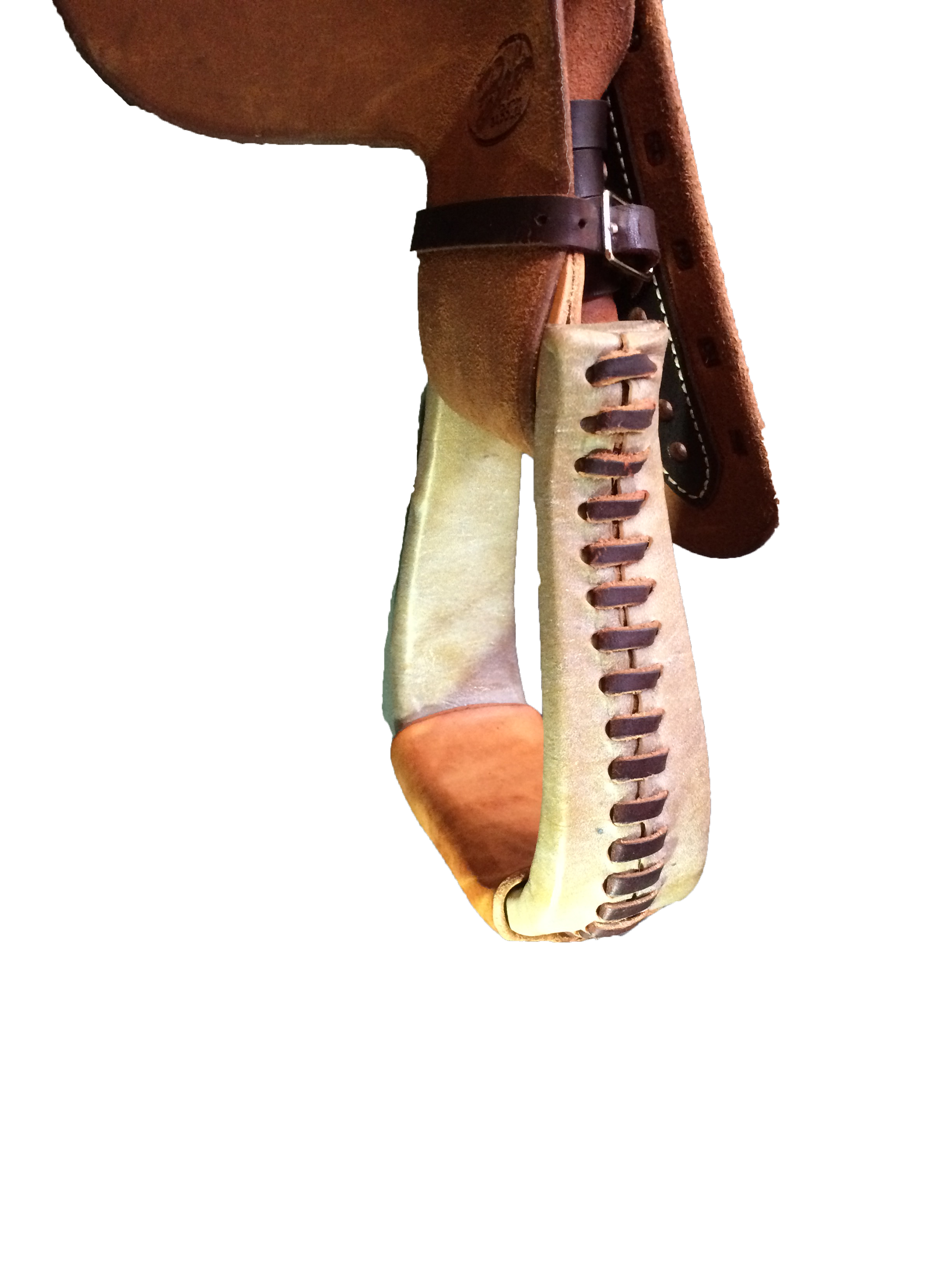 Rawhide laced western saddle stirrups available in multiple handcrafted styles.