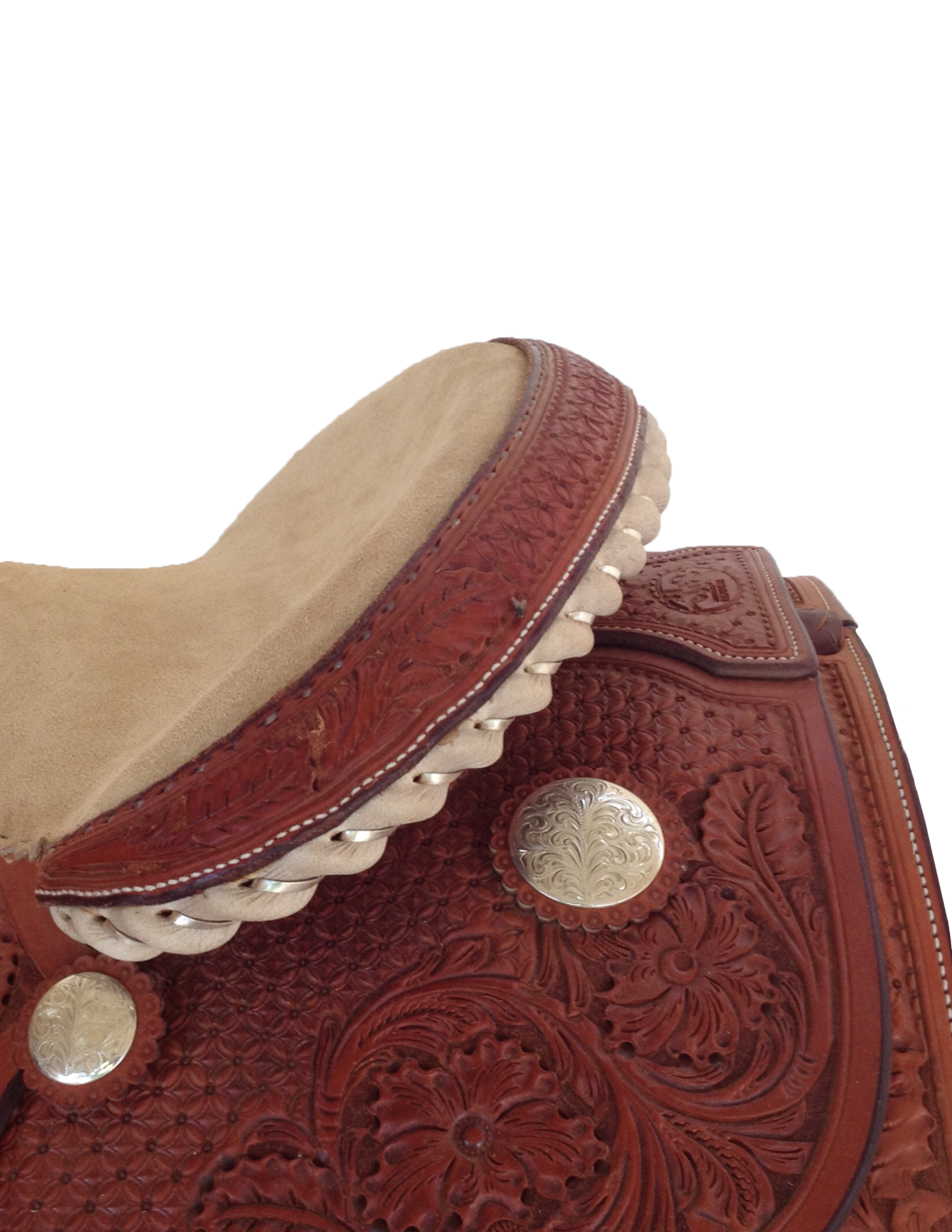 Rawhide silver laced cantle handcrafted for premium custom western saddles.