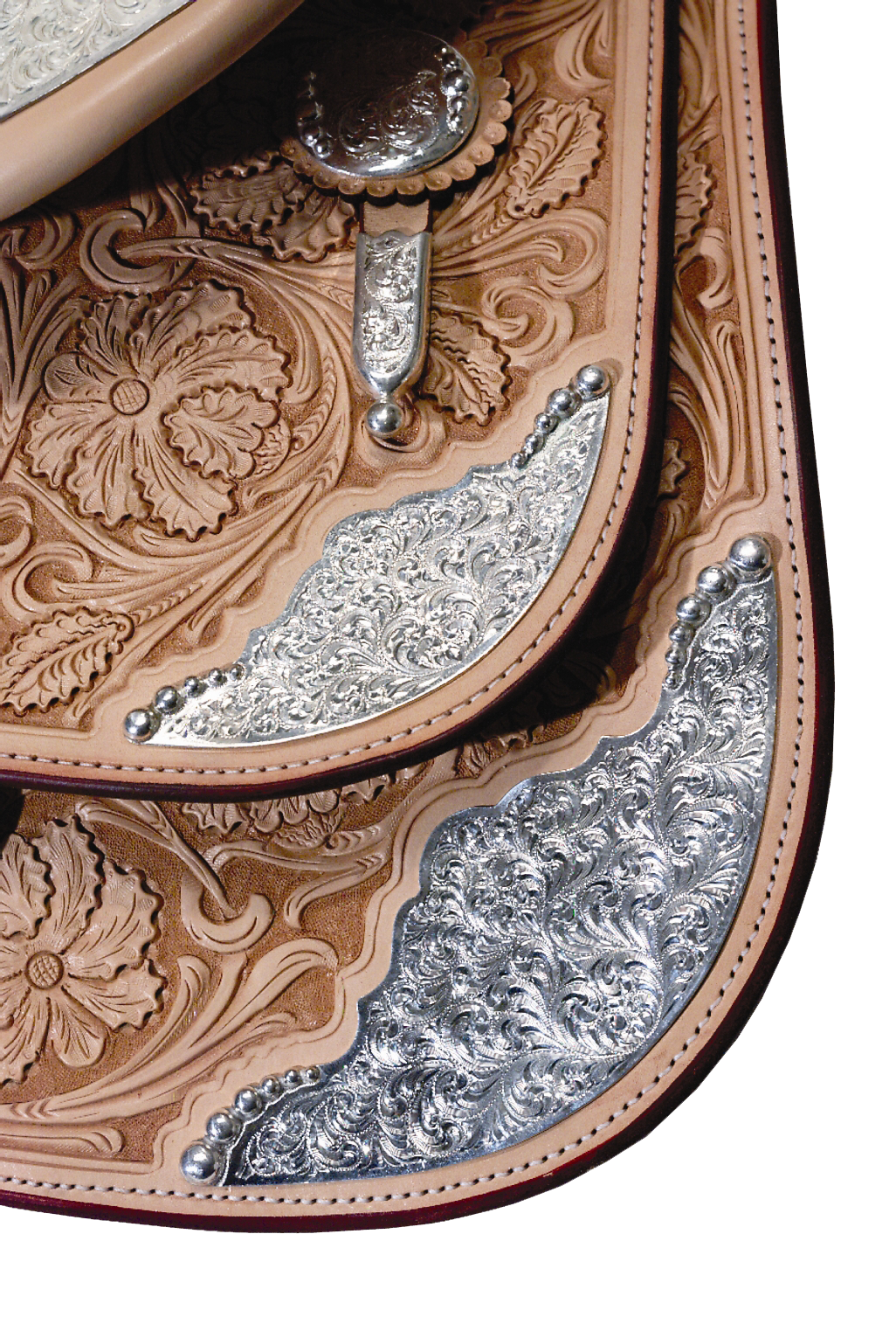 Reno rear skirt corner and housing plates designed for custom western saddle upgrades.