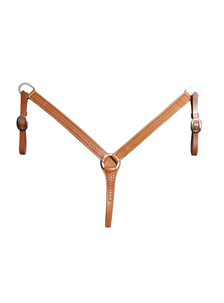 Ring in center basket-tooled western breast collar handcrafted from premium leather for durability and style.