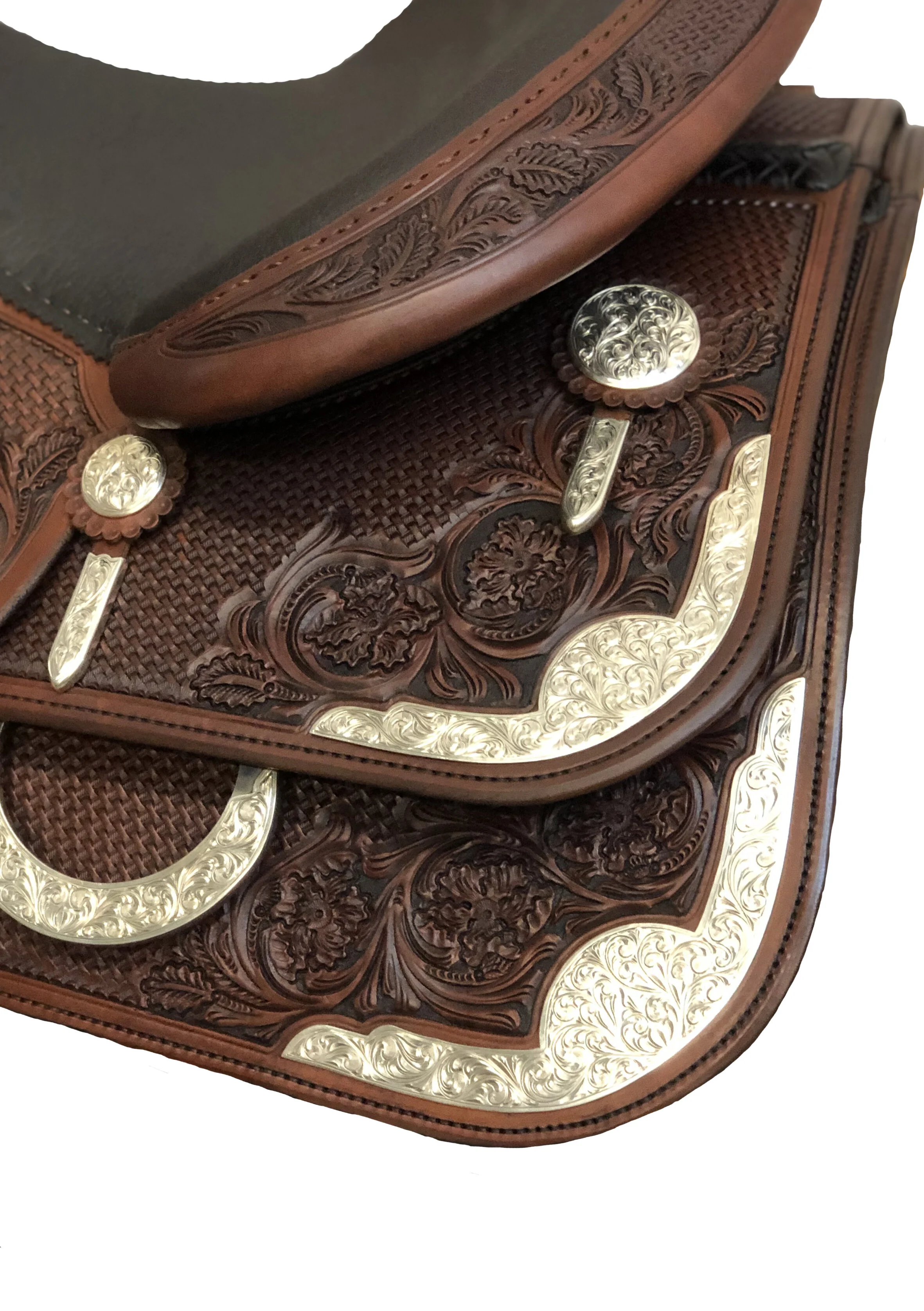 Round Arizona flat scalloped square corner plates for custom western saddles and leatherwork.