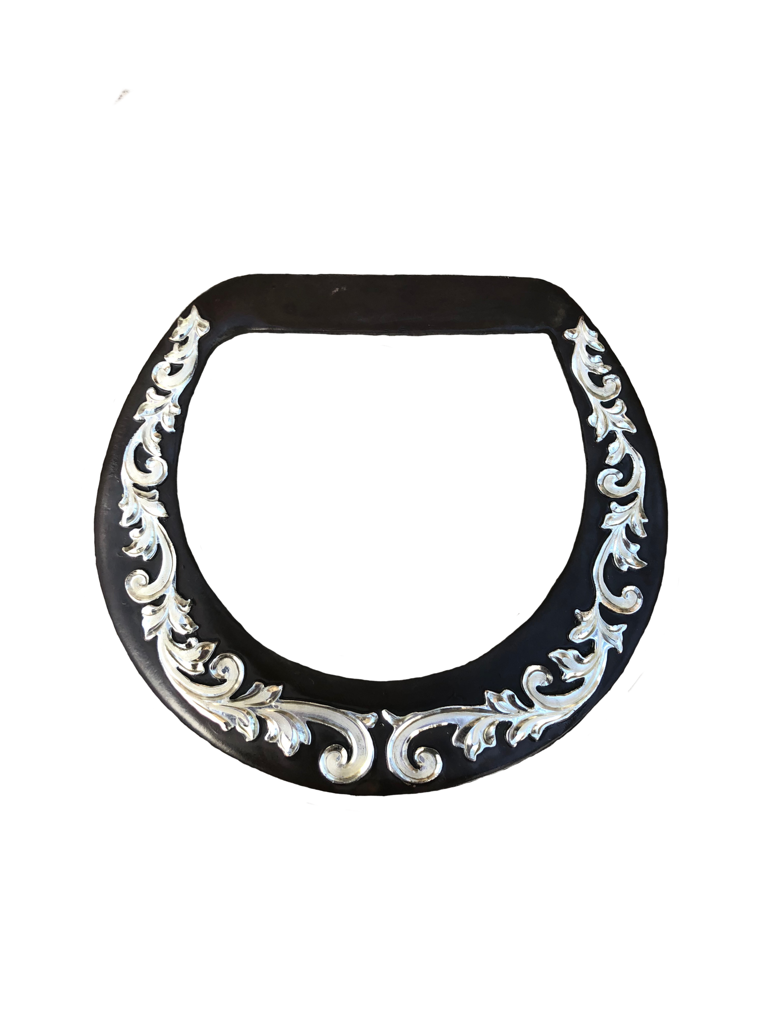 Round rust iron rear Dee with silver overlay scrolls for western saddles.