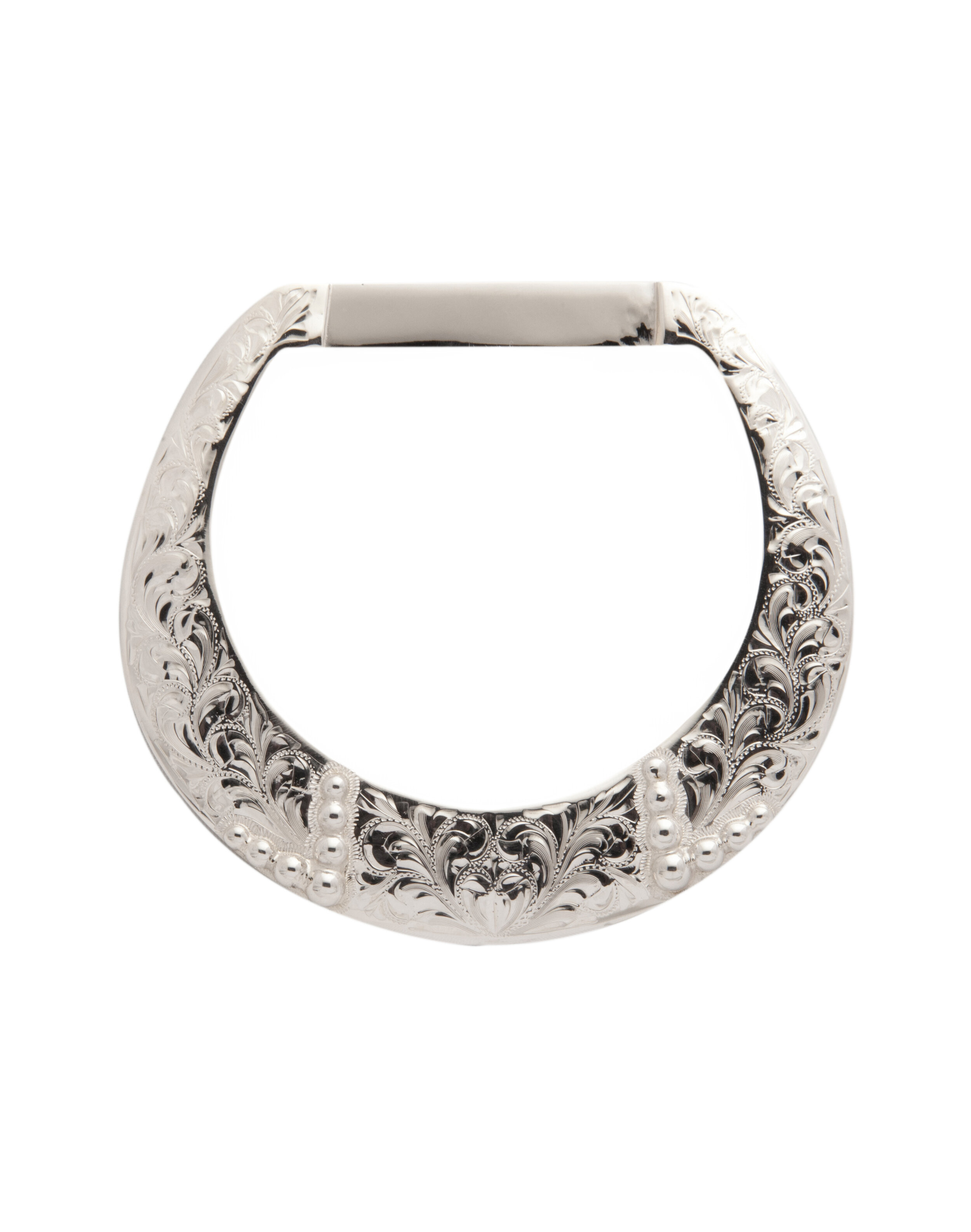 Round silver rear Dee with teardrops crafted for custom western saddles.
