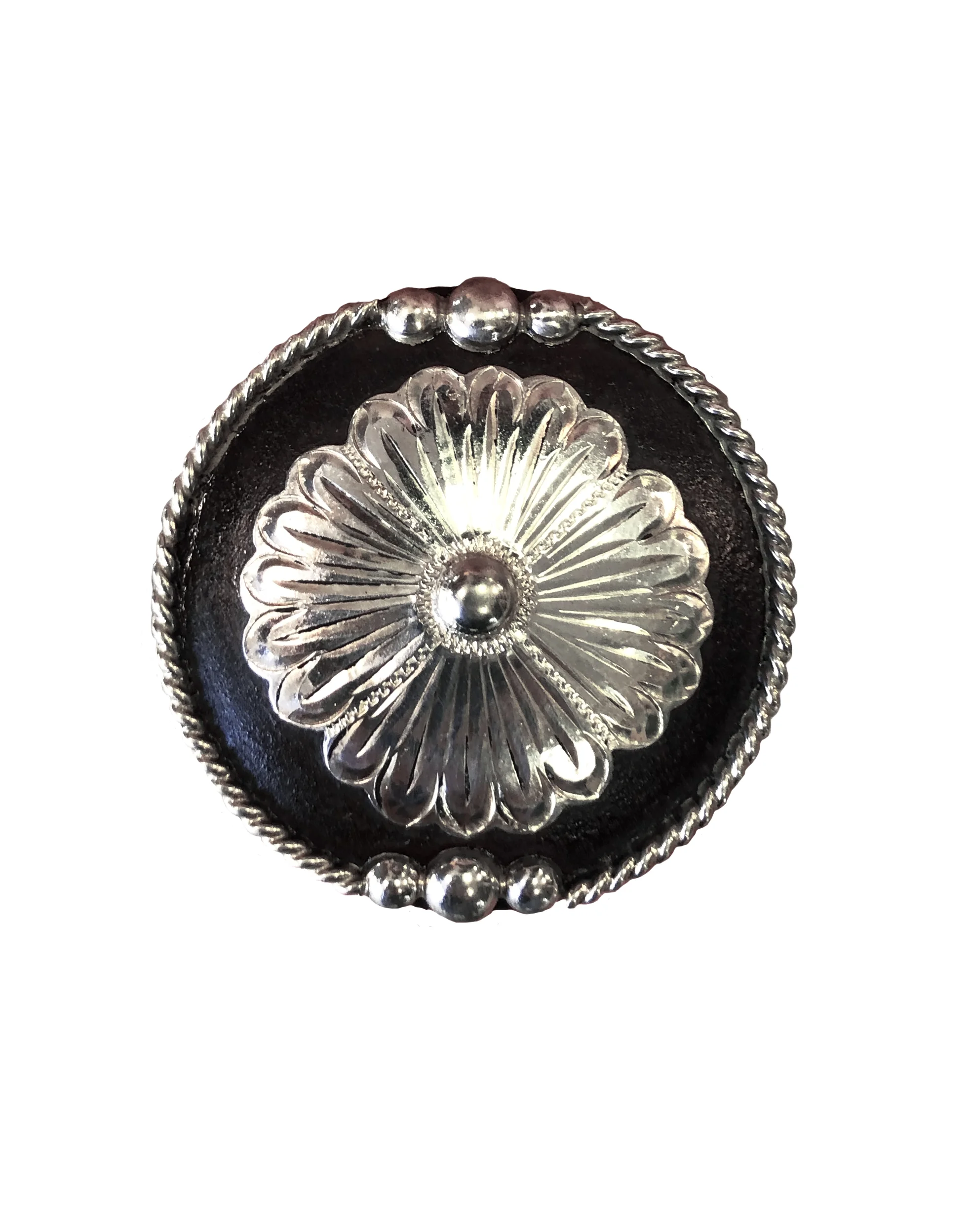 Rust iron concho with silver flower and rope edge for premium western saddle decoration.