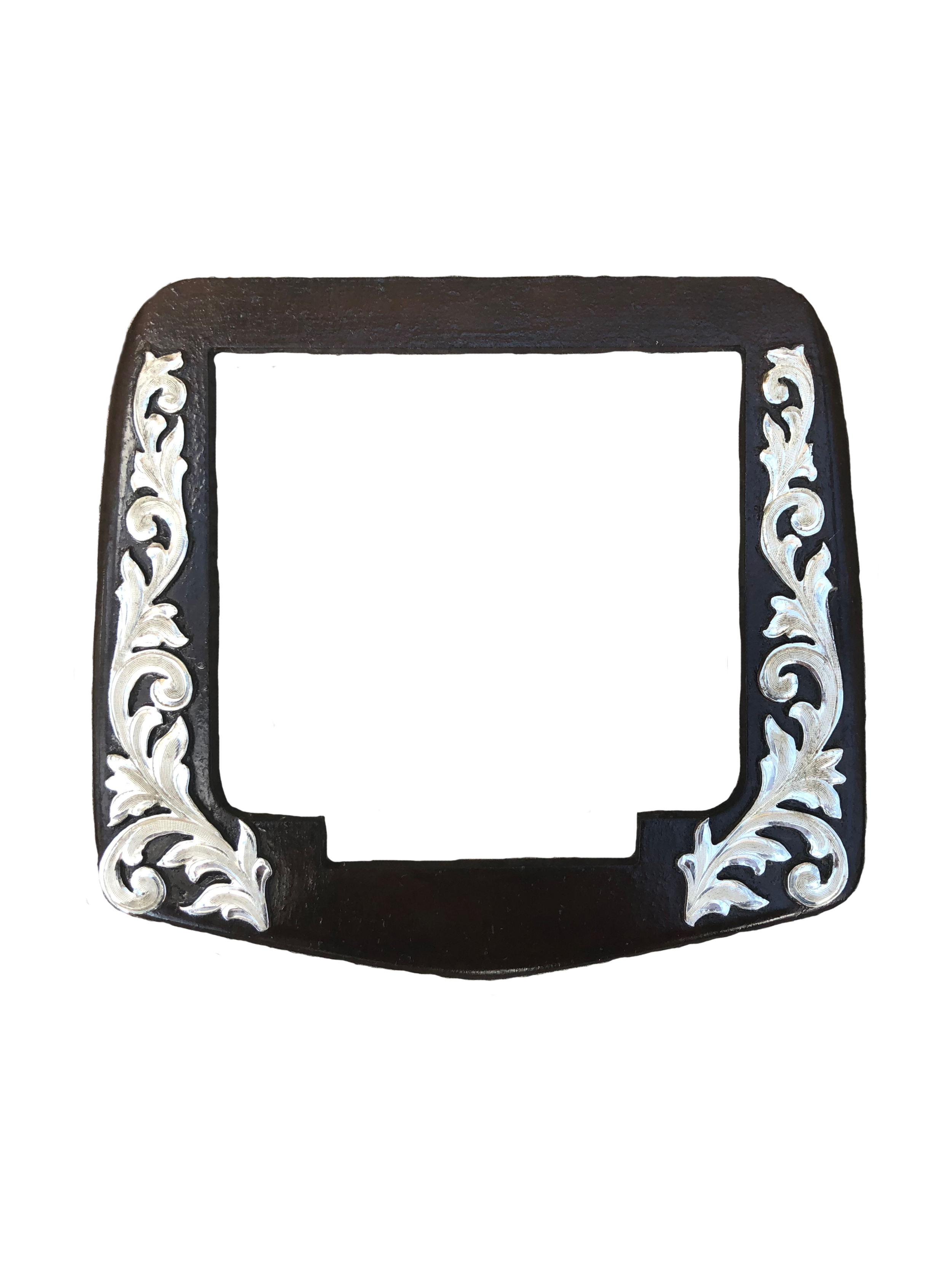 Rust iron rear Dee with silver overlay scrolls and cinch cut-out for saddles.