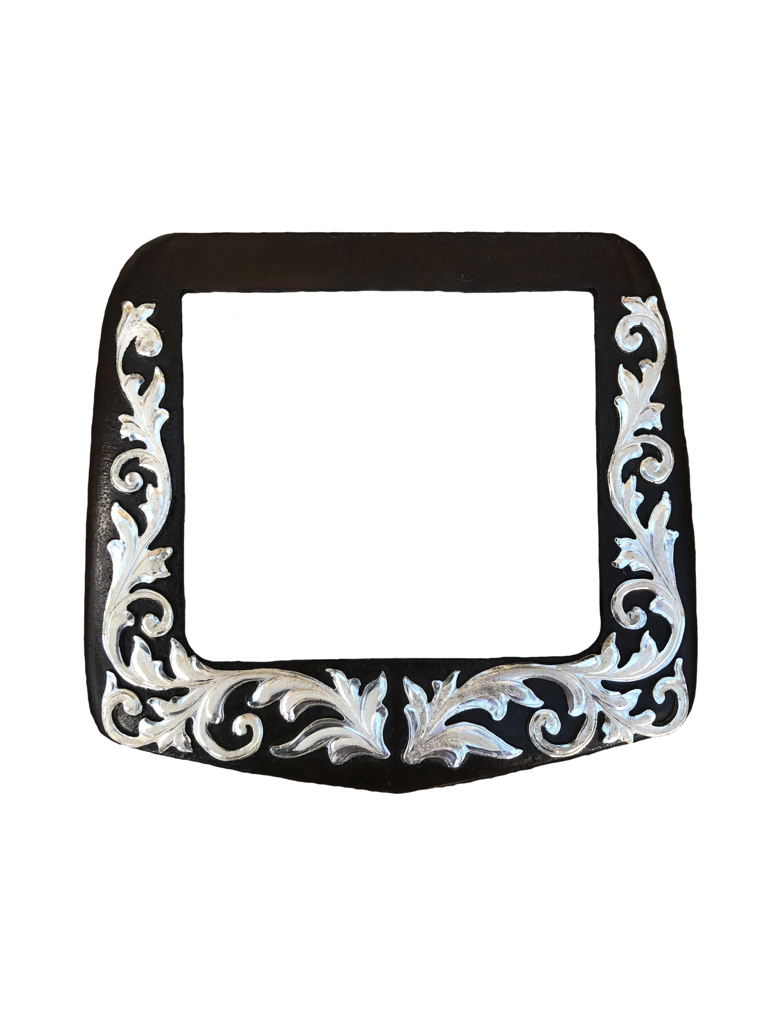 Rust iron square rear Dee with silver scrollwork for custom western saddles.