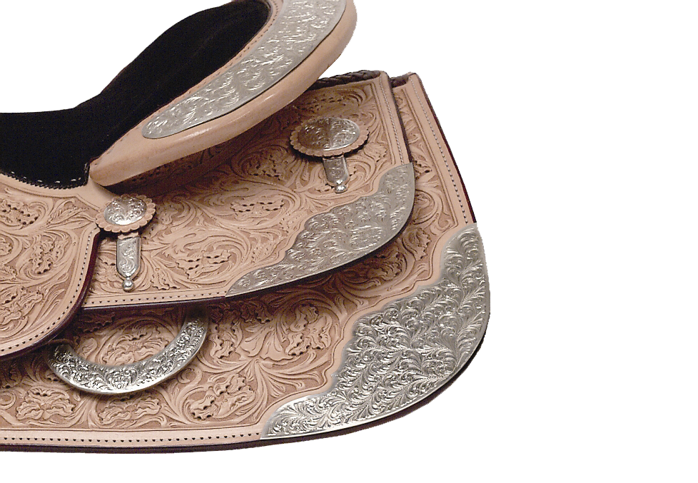 Saguaro custom saddle rear skirt corners and plates for premium western saddles.