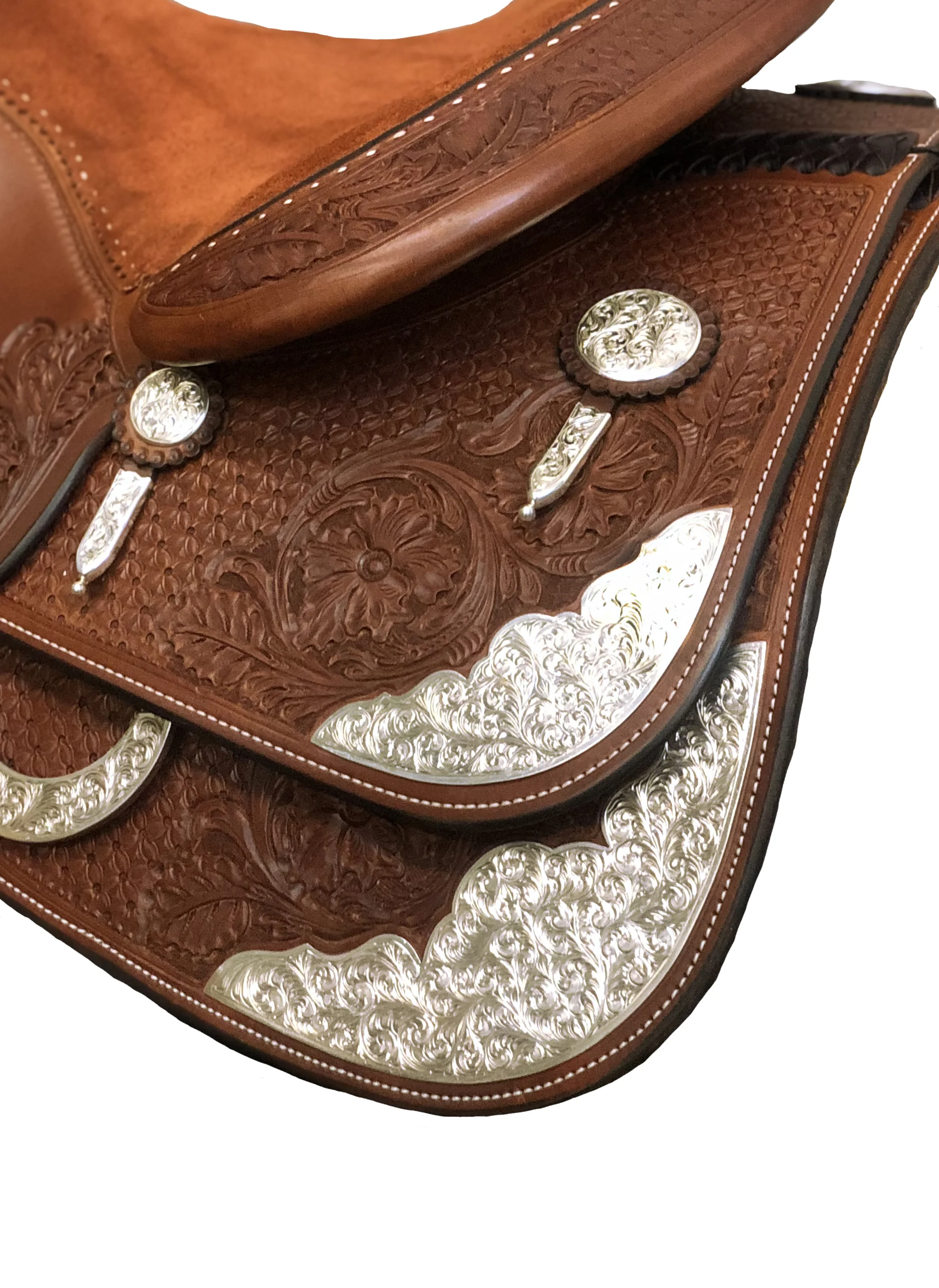 Saguaro rear skirt corner and housing plates for premium western saddle customization.