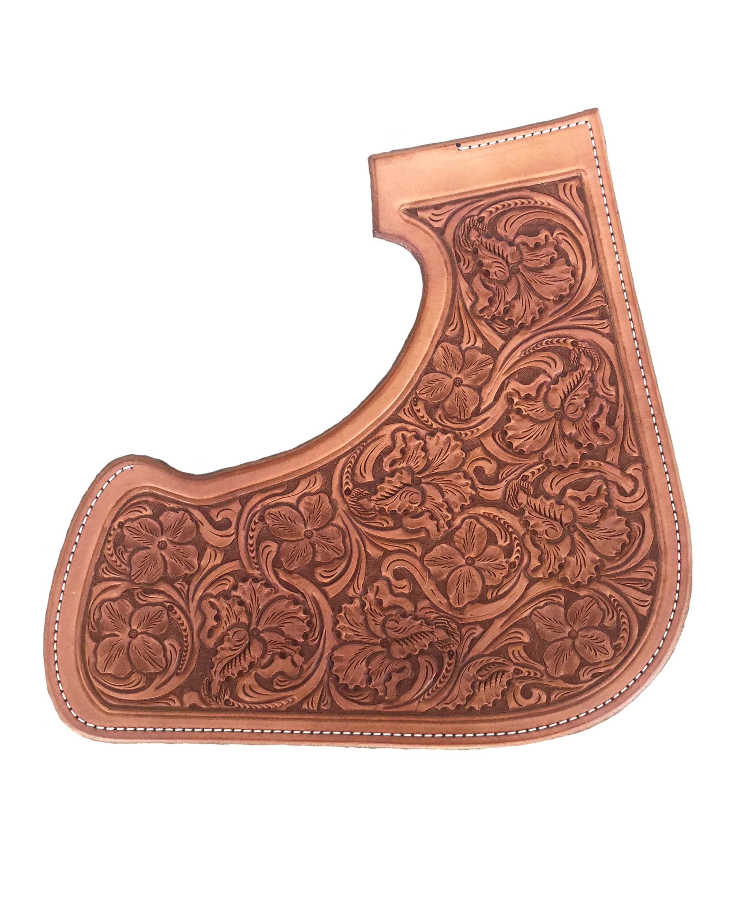 Scottsdale leather tooling with traditional western floral engraving.